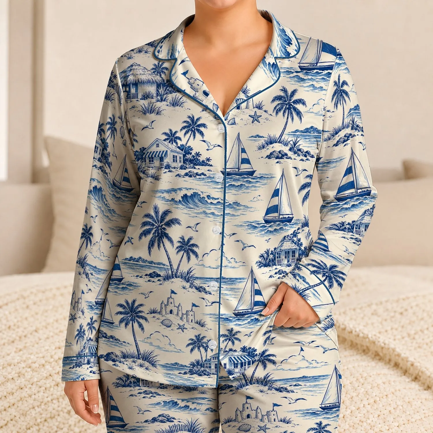 Blue Coastal Seaside Sketches for Relaxing Beach Getaways and Carefree Summer Travel Satin Pajamas Set - 1