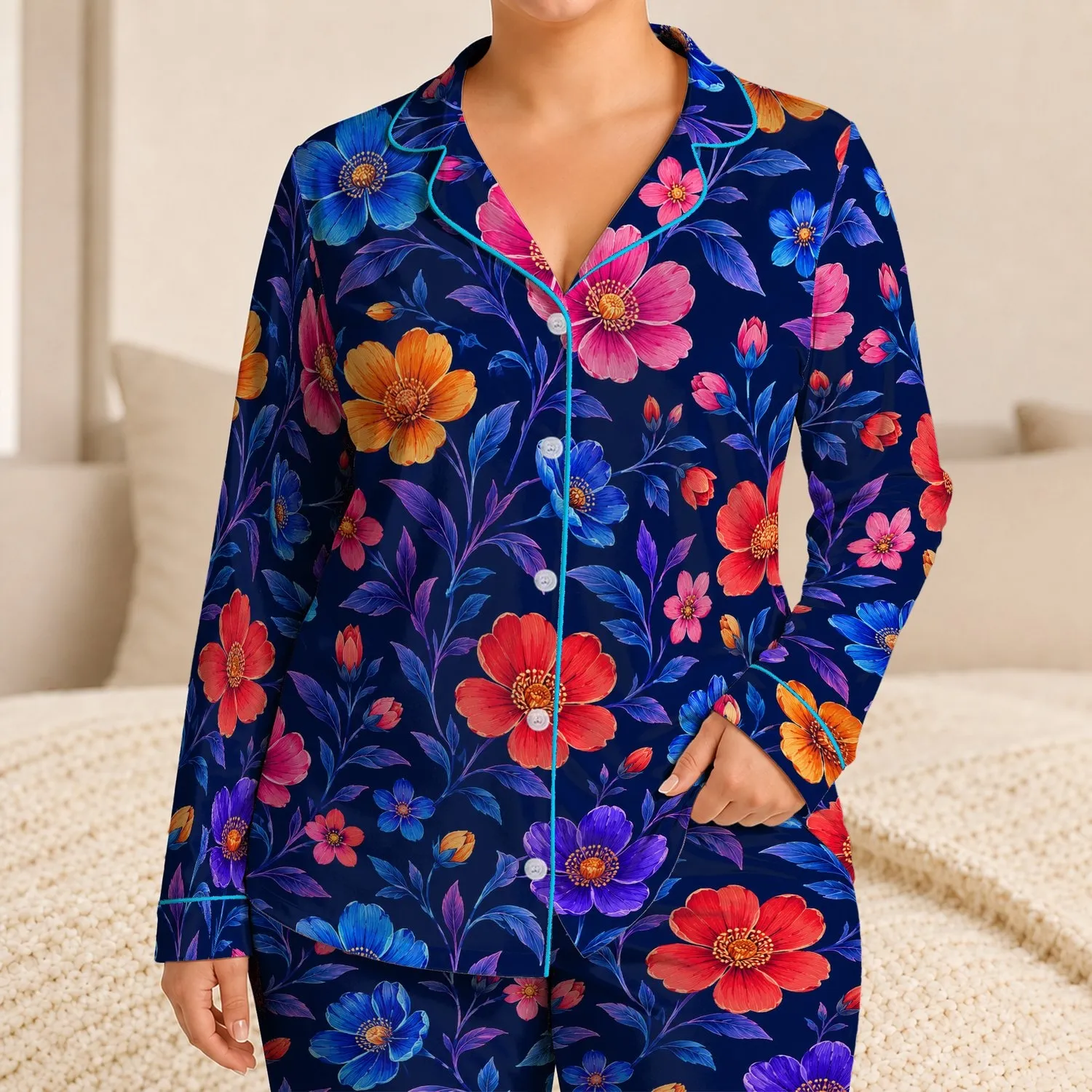 Neon Wildflower Blooms for Relaxed Evenings and Colorful Home Lounging Style Satin Pajamas Set - 1
