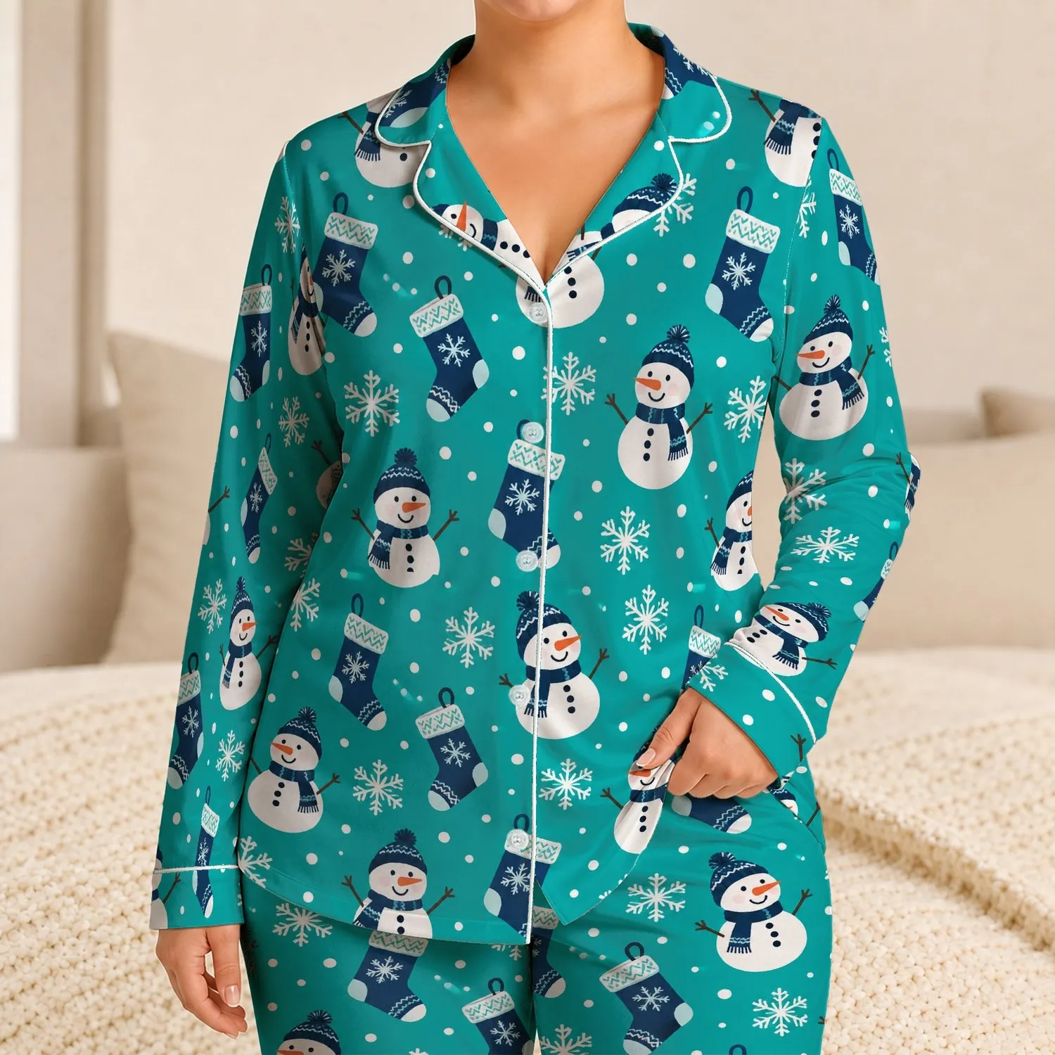 Snowmen, Christmas Stockings and Snowflakes for Cozy Holiday Cheer Satin Pajamas Set - 1