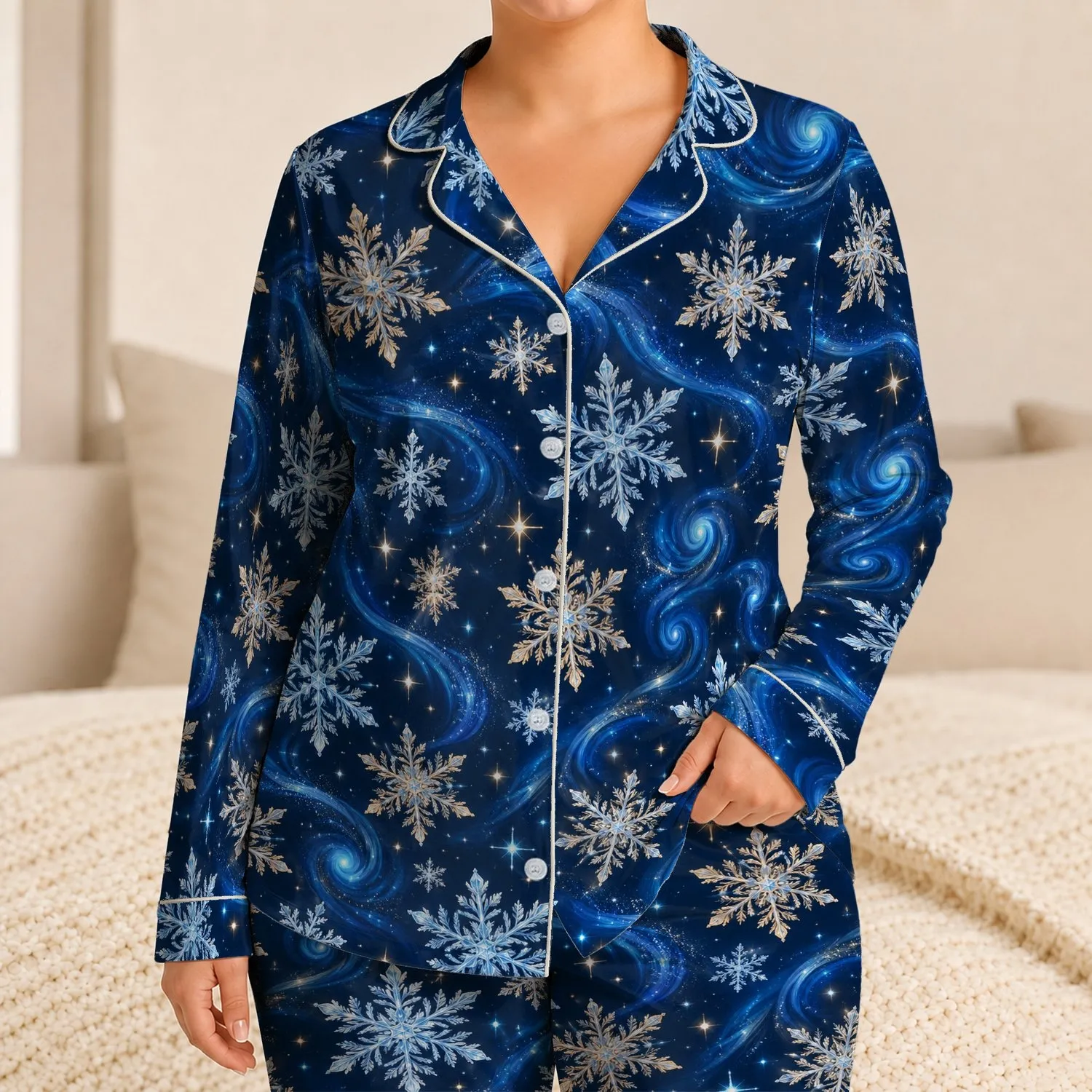 Navy Snowflake and Winter Star Motifs for Cozy Christmas Holiday Nights at Home Satin Pajamas Set - 1
