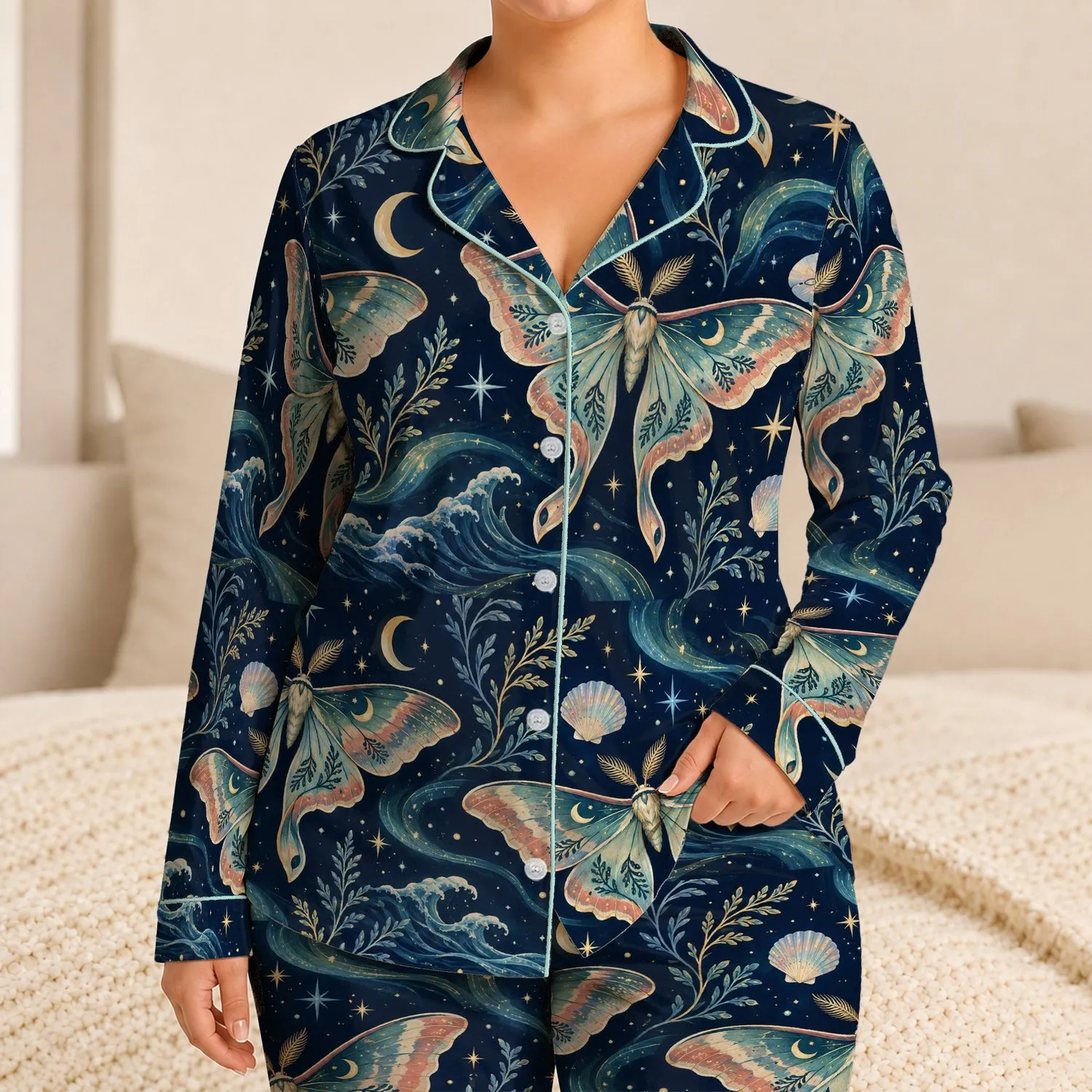 Iridescent Moth and Starry Sky Art for Dreamy Summer Beach Escapes Satin Pajamas Set - 1