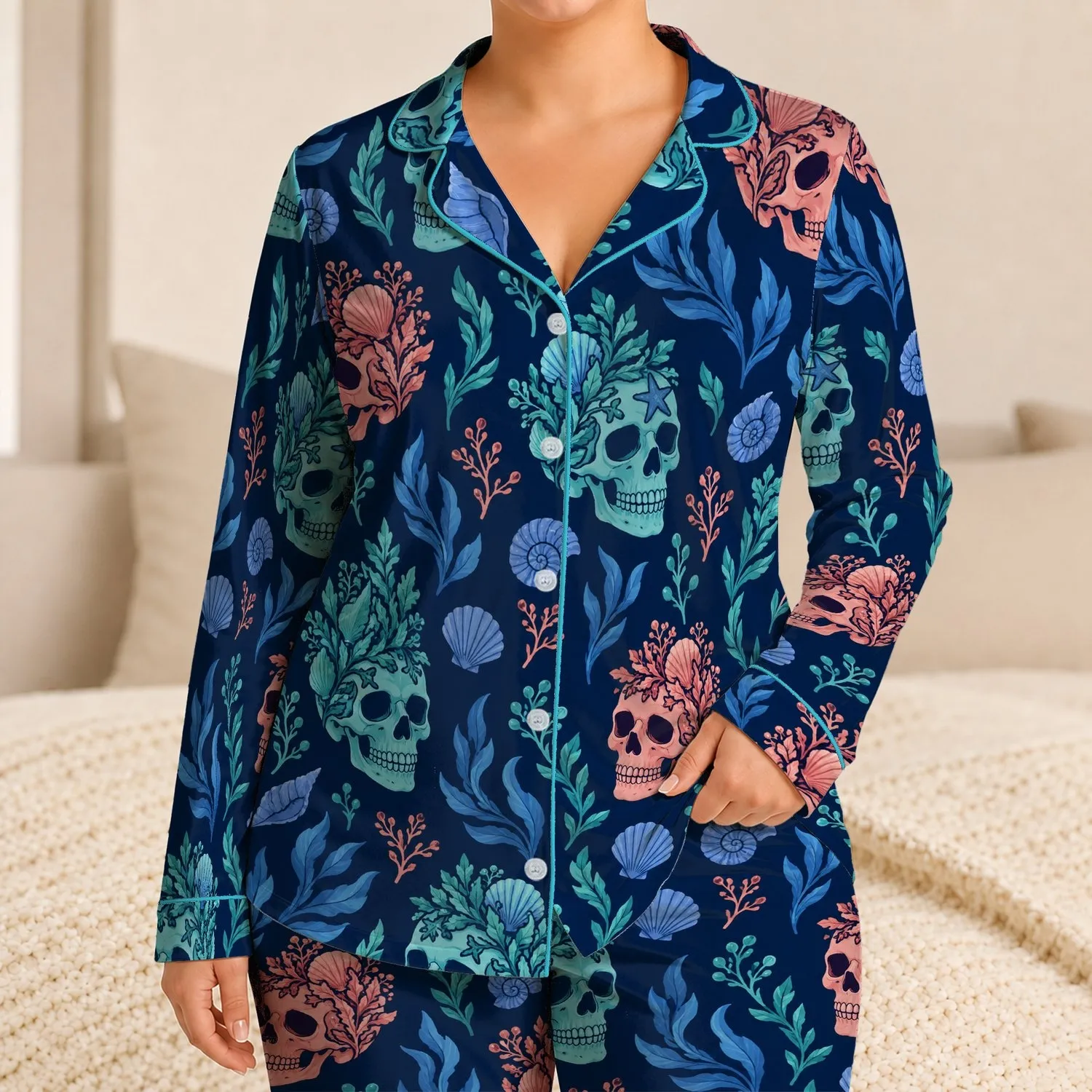 Deep Sea Skull And Seaweed Motifs For Coastal Getaways And Relaxed Beach Days Satin Pajamas Set - 1