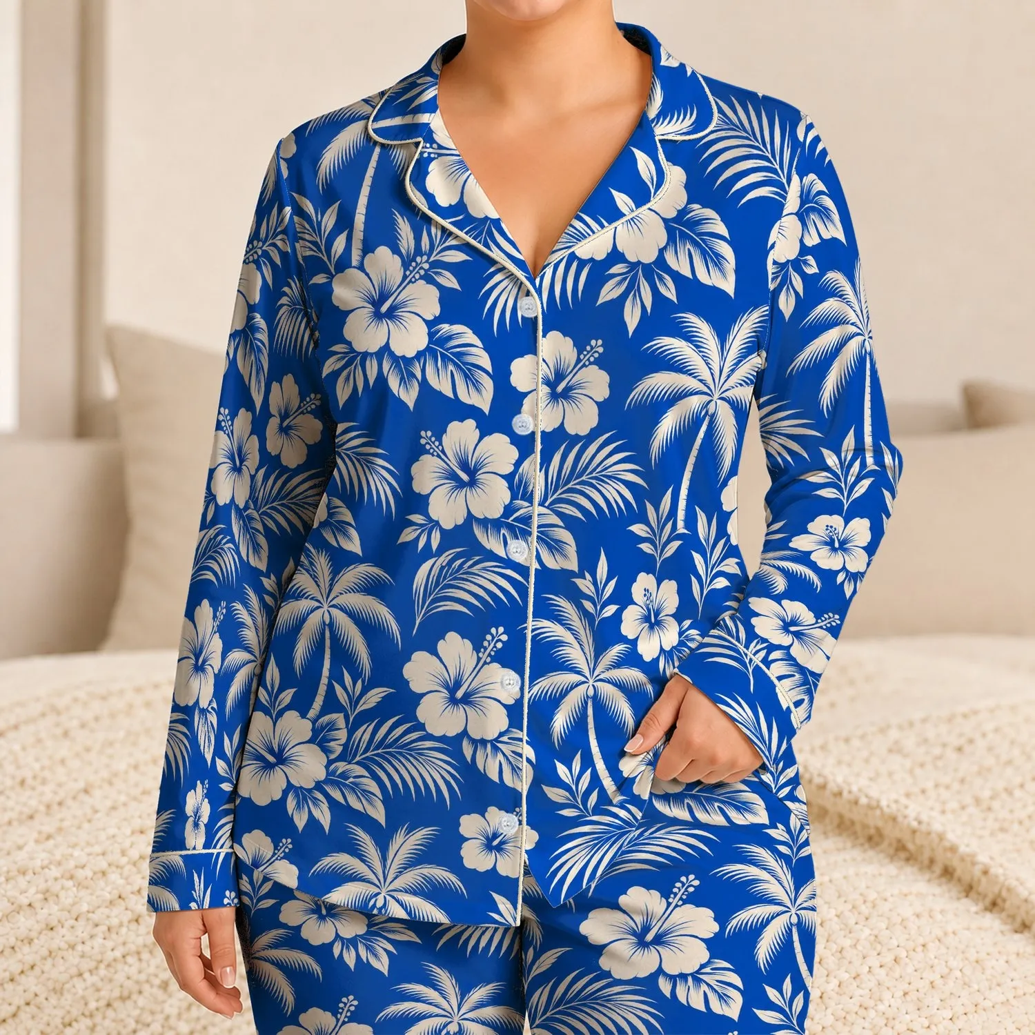 Hibiscus and Palm Silhouettes for Relaxed Tropical Beach Escapes and Men's Getaways Satin Pajamas Set - 1