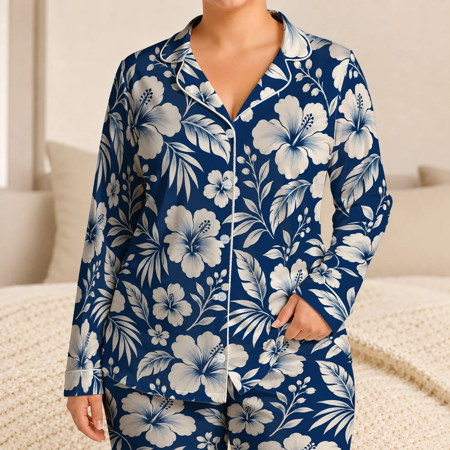 Navy Hibiscus and Tropical Leaf Motifs for Relaxed Seaside Vacation Getaways for Him Satin Pajamas Set - 1