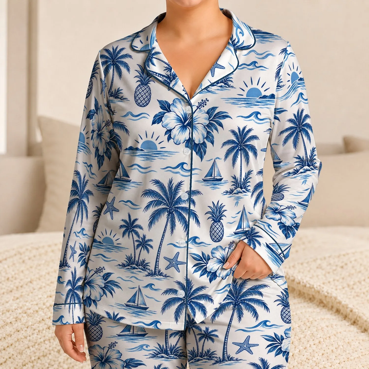 Blue Tropical Palms, Hibiscus and Ocean Icons for Relaxed Beachside Getaways Satin Pajamas Set - 1