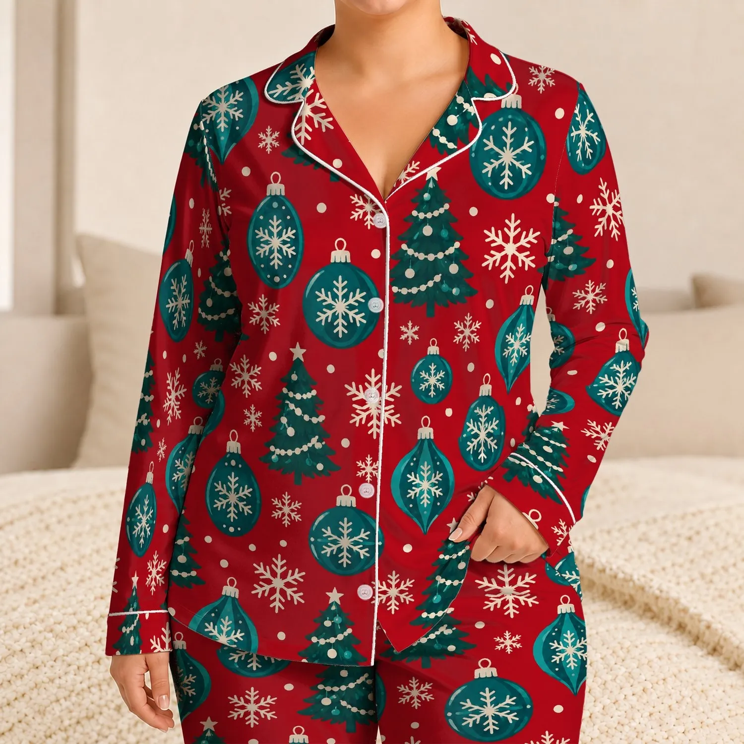 Snowflake Ornaments and Christmas Trees for Cozy Holiday Nights Satin Pajamas Set - 1