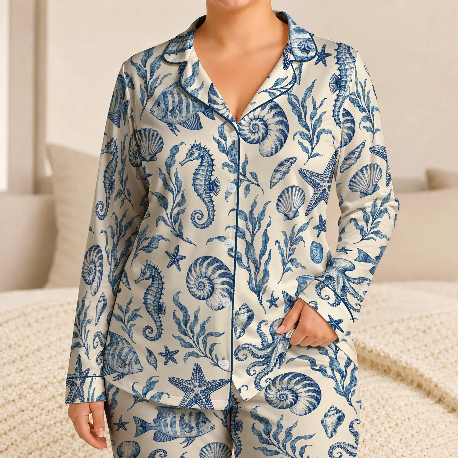 Indigo Sea Creatures and Starfish for Relaxed Coastal Summer Lounging Satin Pajamas Set - 1