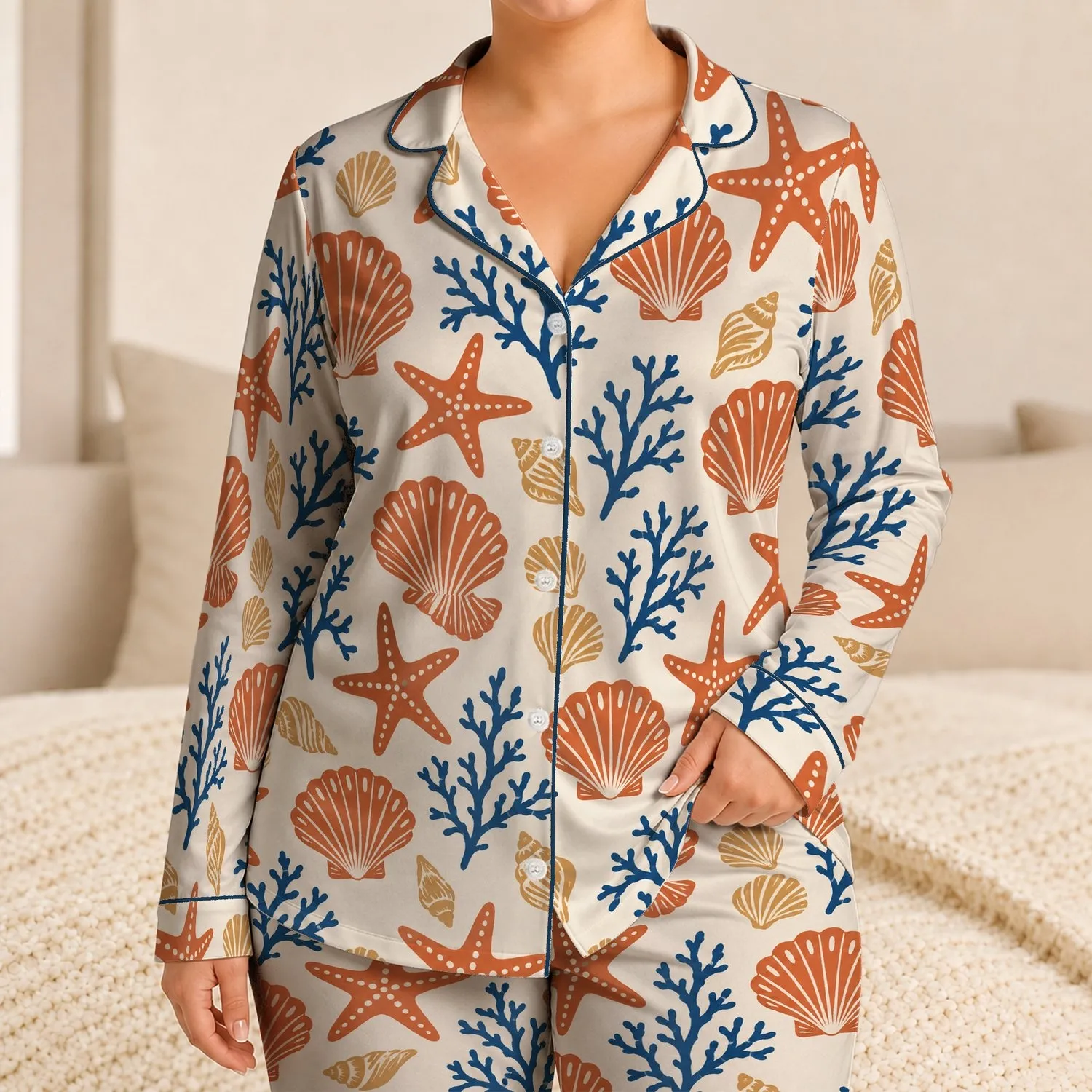 Ocean Coral And Starfish Motifs For Relaxed Seaside Getaways Satin Pajamas Set - 1
