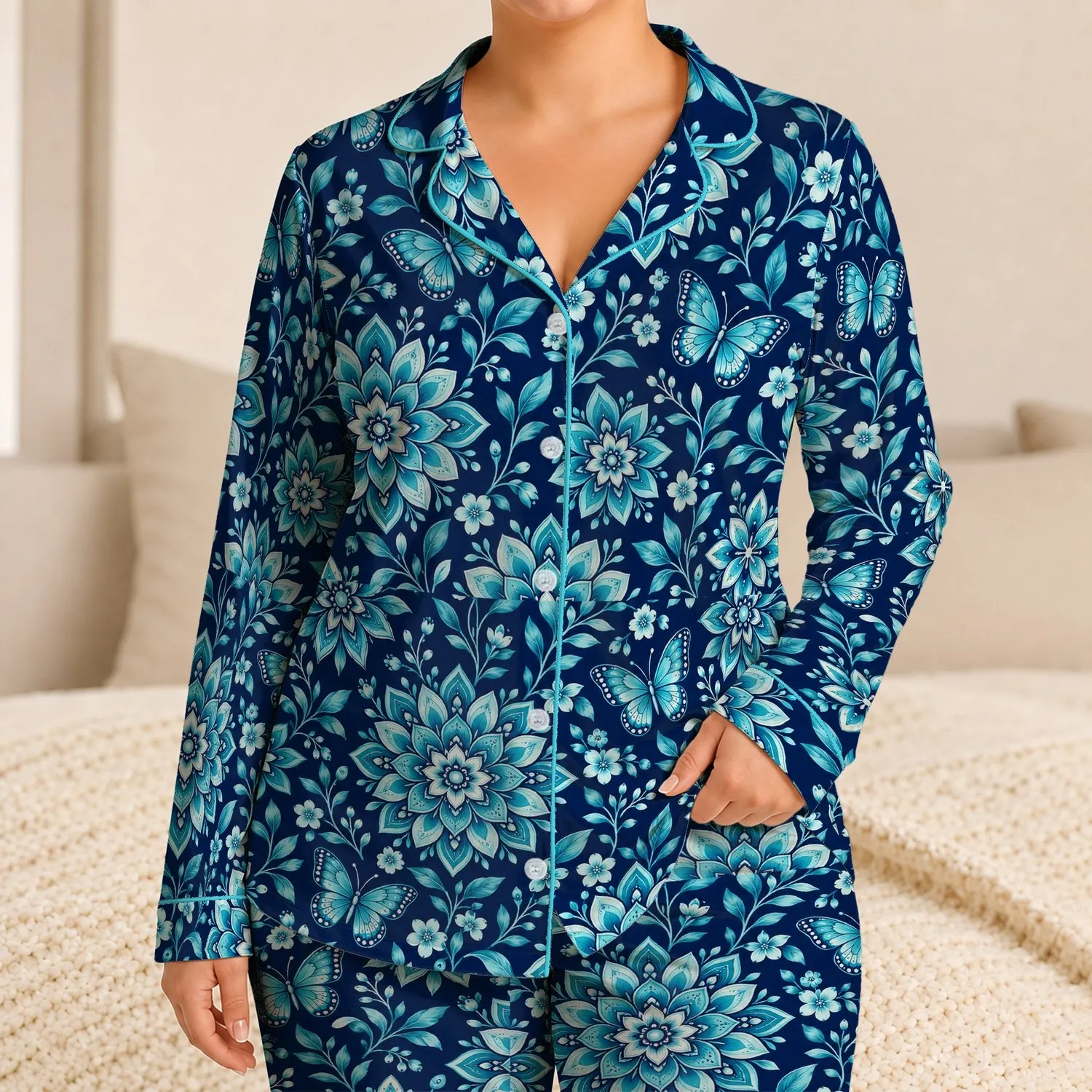 Turquoise Mandala Butterflies for Relaxed Nights and Cozy Everyday Lounging Gift Satin Pajamas Set - 1