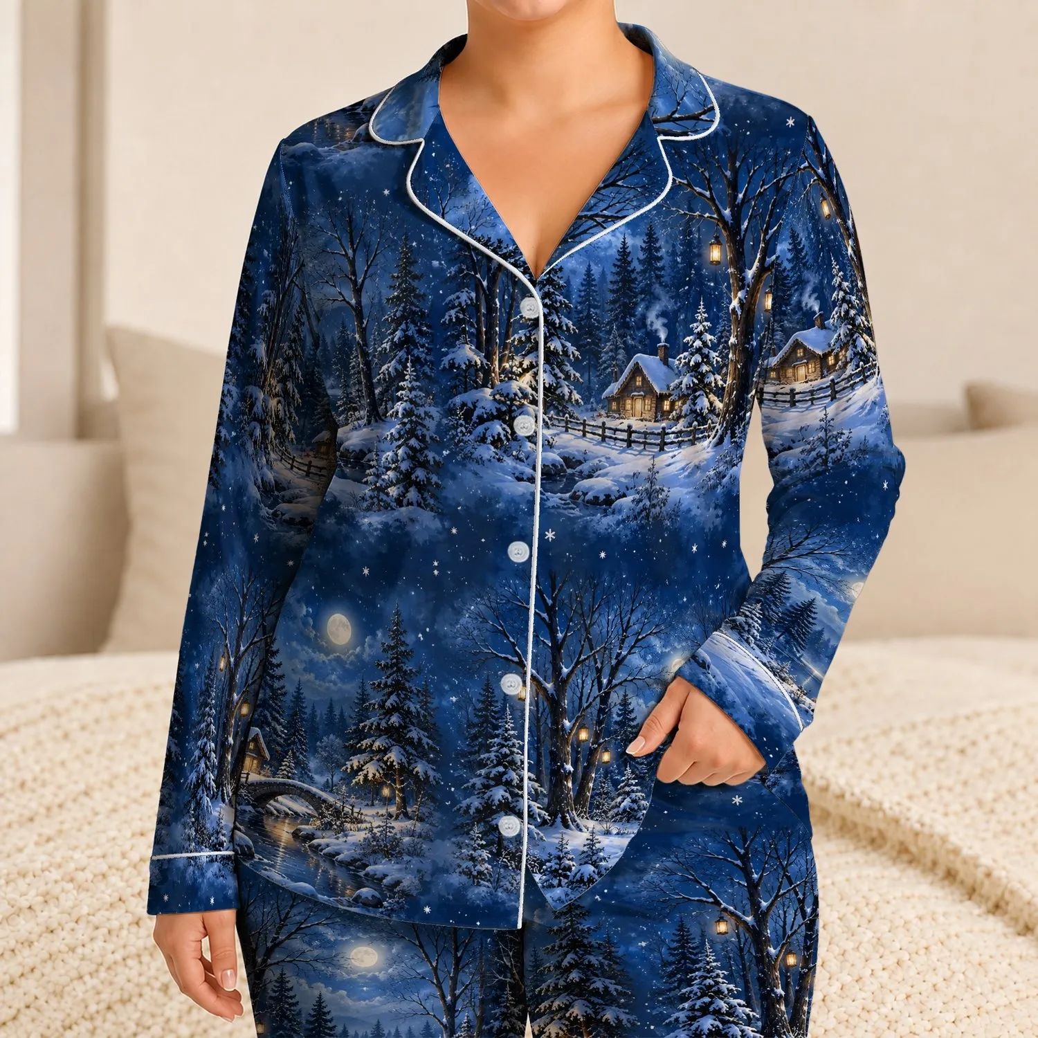 Snowy Woodland Trees Under Luminous Winter Skies for Cozy Cold-Season Evenings Satin Pajamas Set - 1