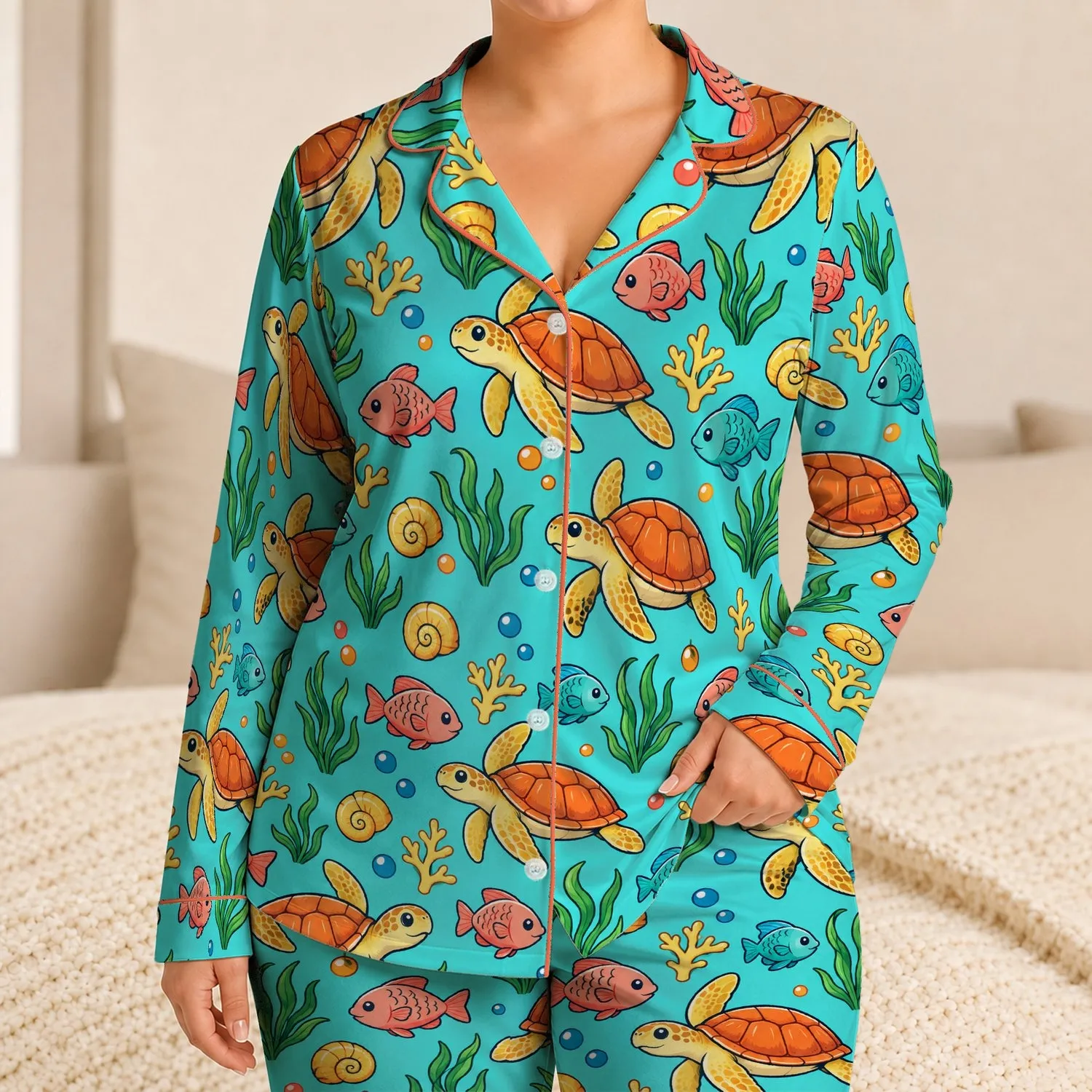 Sea Turtle and Tropical Fish Ocean Life for Relaxed Coastal Evenings and Marine Lovers Satin Pajamas Set - 1