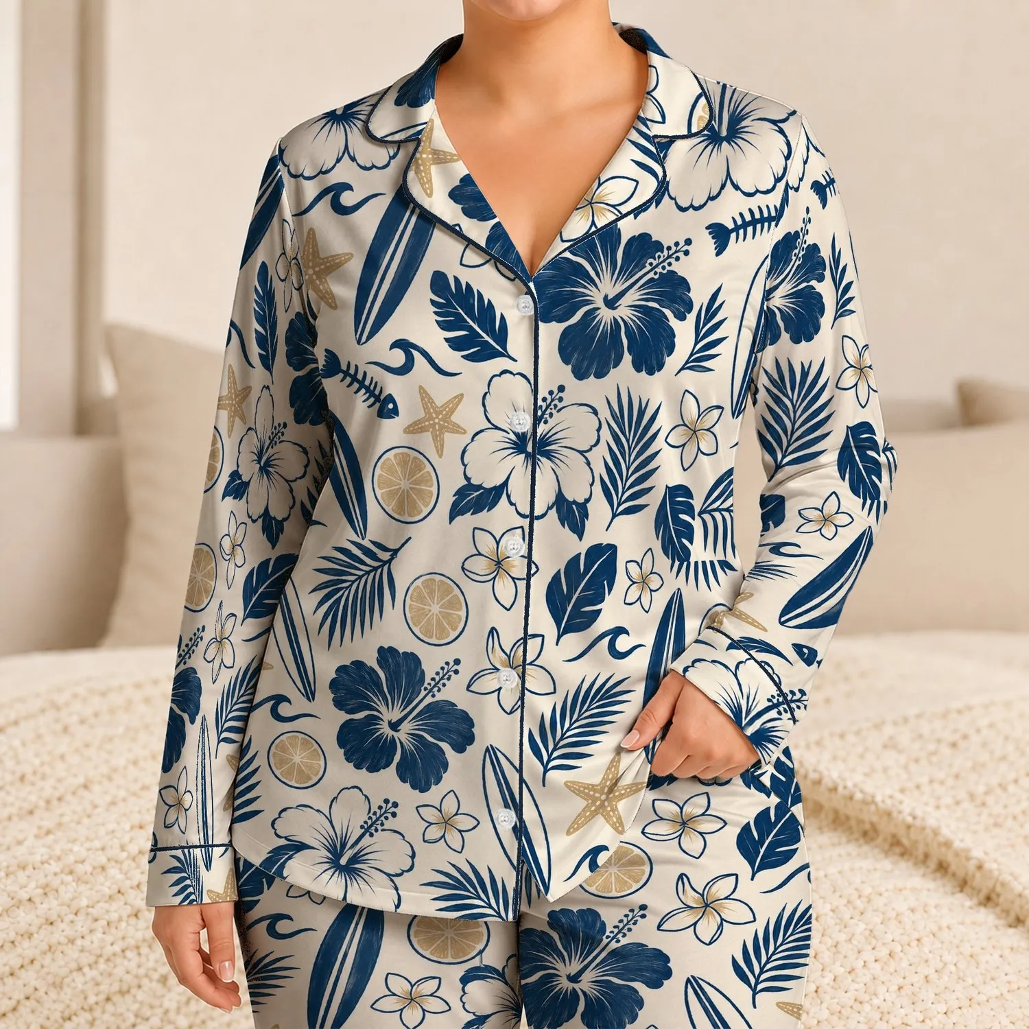Navy Hibiscus, Citrus and Surfboard Motifs for Relaxed Coastal Getaways by the Sea Satin Pajamas Set - 1