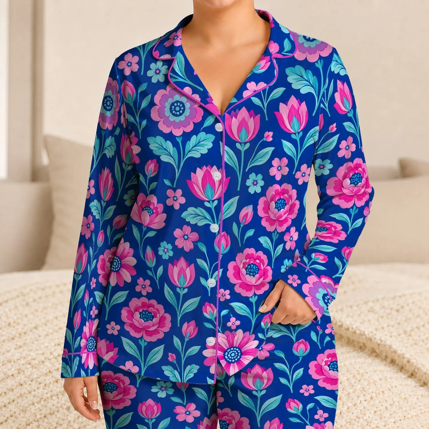 Vibrant Pink and Turquoise Garden Blooms for Relaxed Nights and Cozy Lounging at Home Satin Pajamas Set - 1