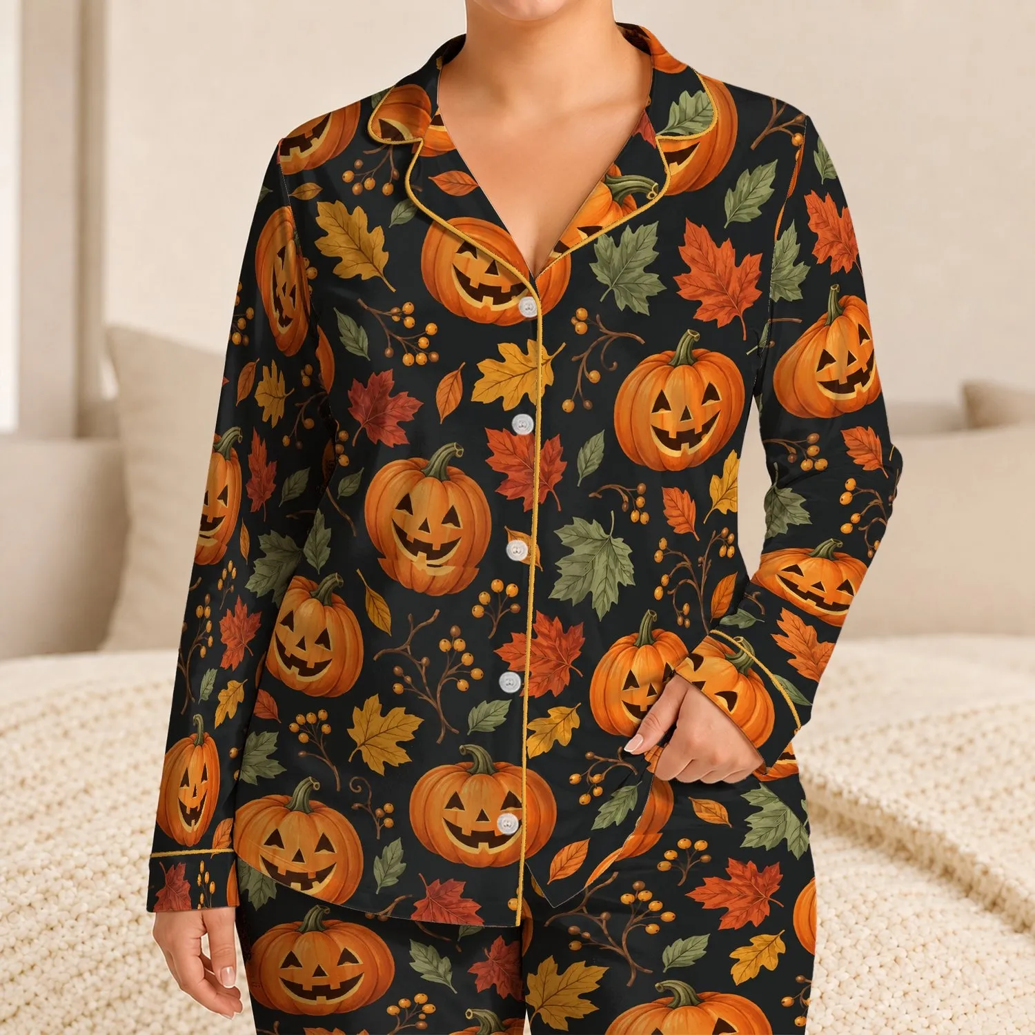 Jack-O'-Lanterns and Autumn Leaves for Cozy Halloween Nights and Fall Lounging Satin Pajamas Set - 1