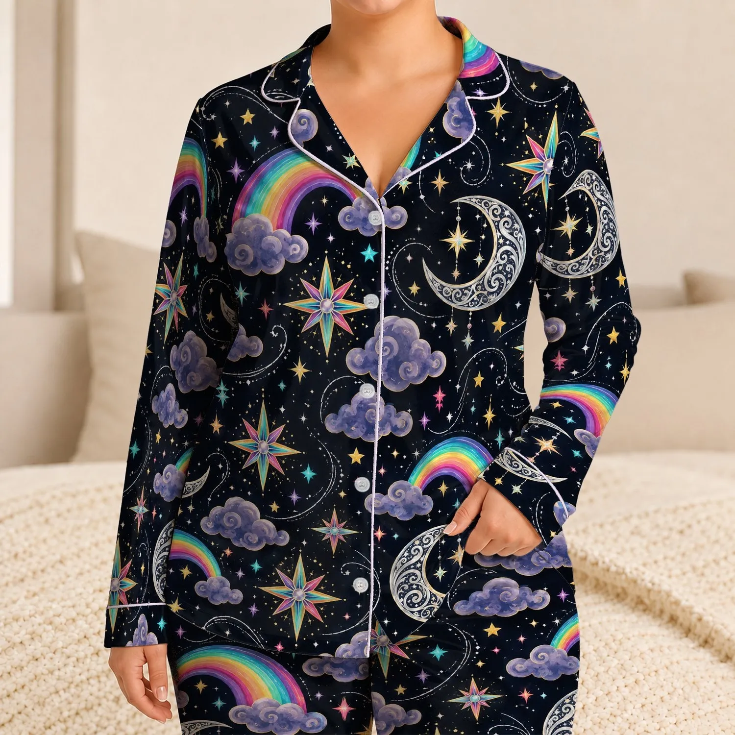 Moon Rainbow and Star Motifs for Whimsical Cozy Nights and Relaxed Lounging Satin Pajamas Set - 1