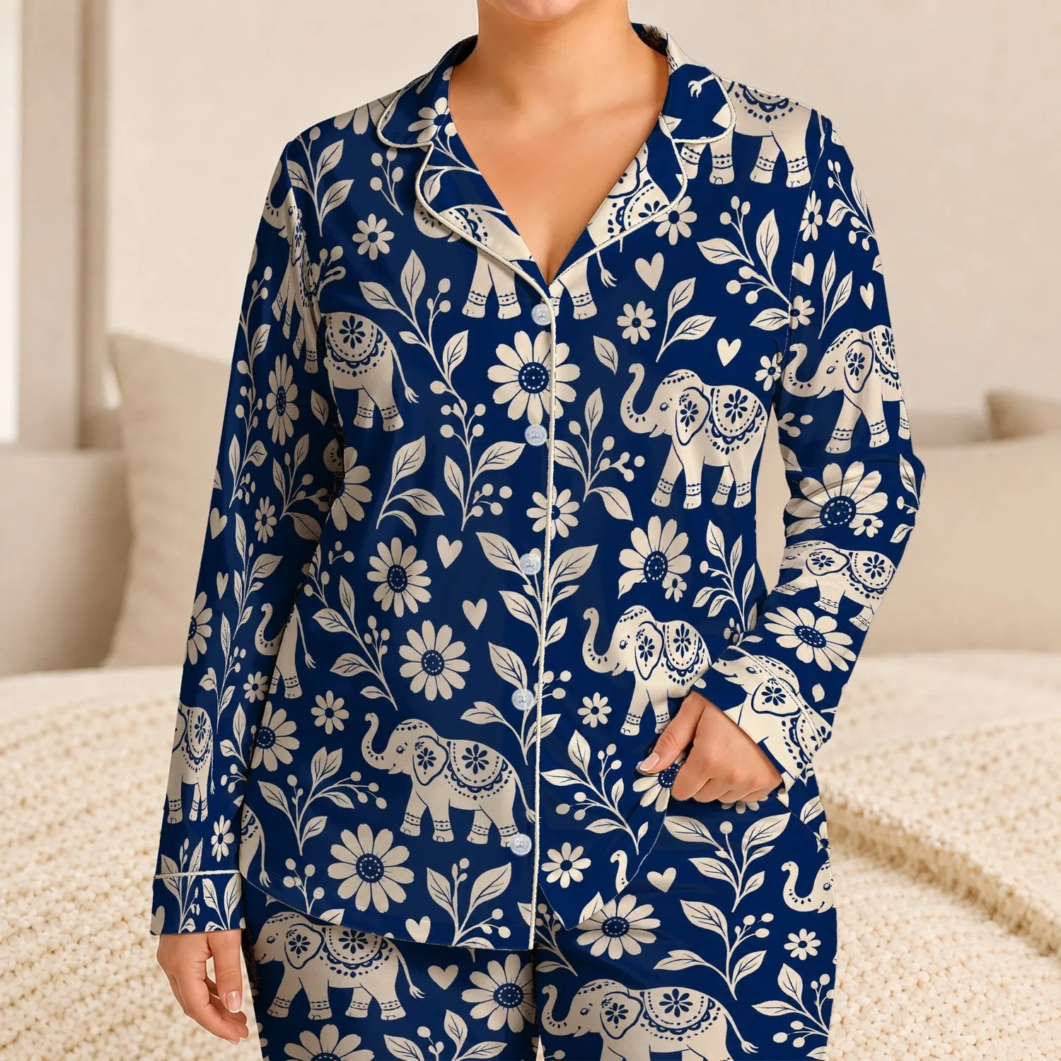 Elephant and Daisy Motifs for Relaxed Weekend Lounging, Nature-Inspired Gift for Him Satin Pajamas Set - 1