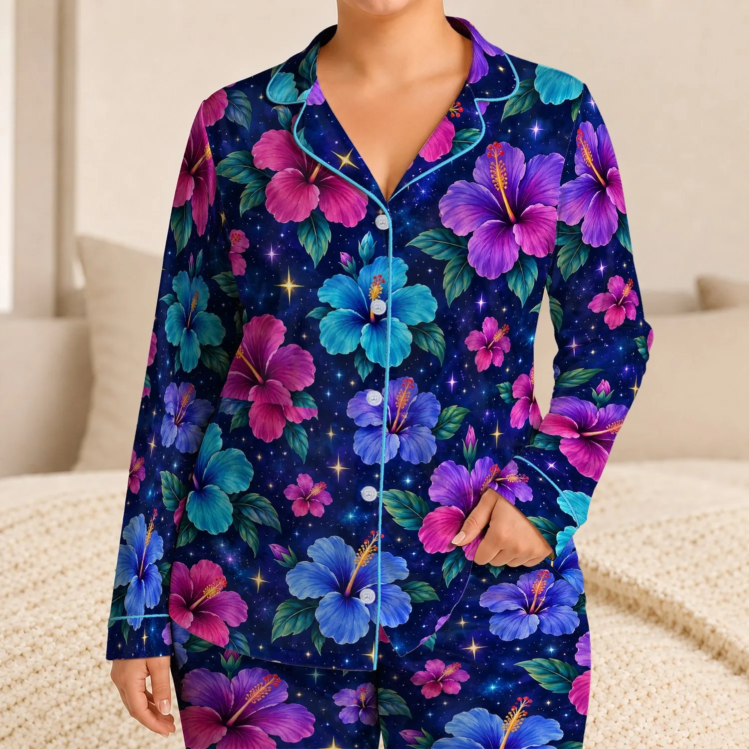 Purple Blue Hibiscus and Starry Night Blooms for Dreamy Cozy Evenings at Home Satin Pajamas Set - 1