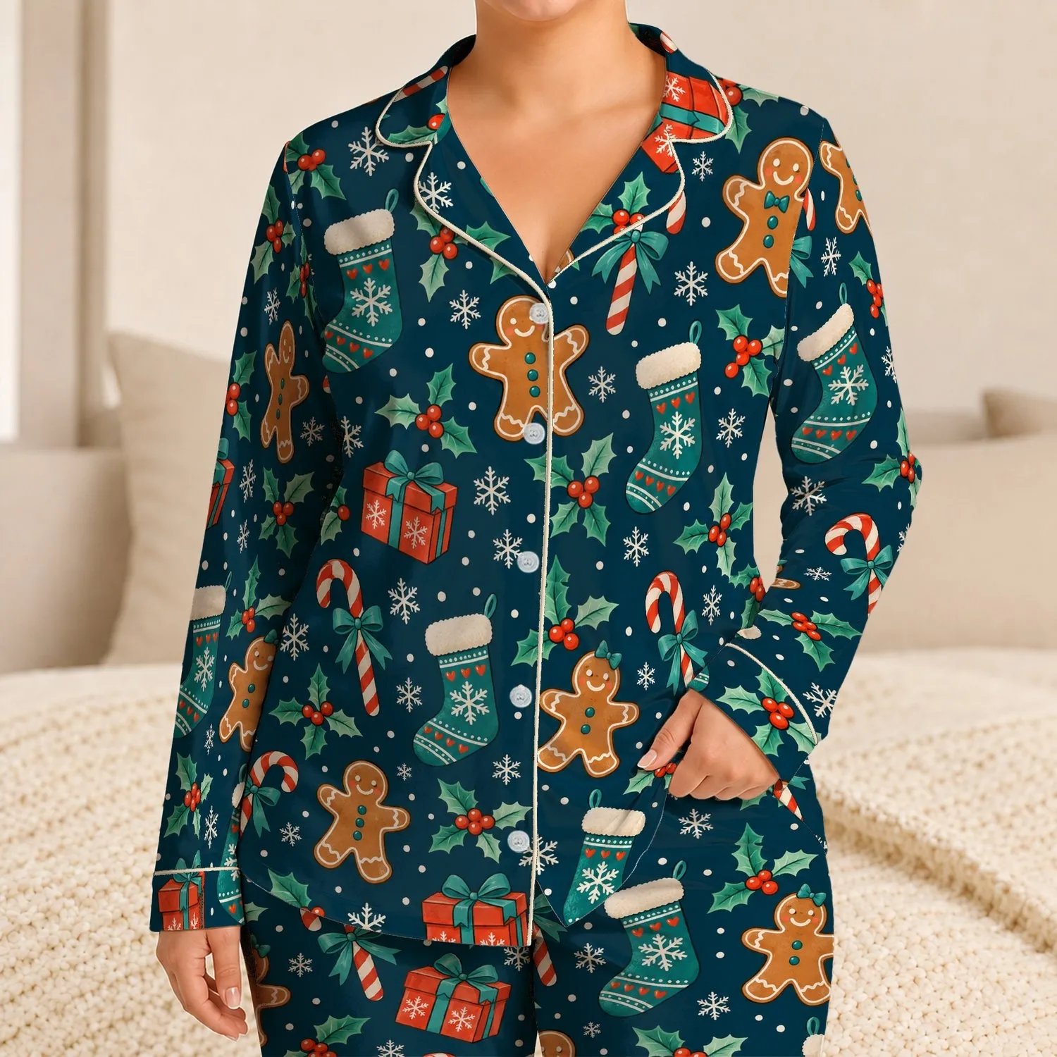 Gingerbread Men And Candy Canes For Cozy Christmas Mornings And Holiday Celebrations Satin Pajamas Set - 1
