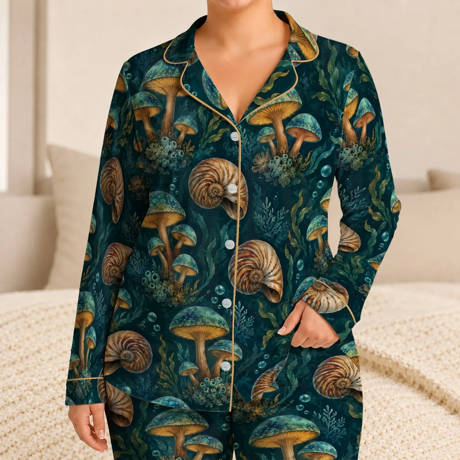 Deep Sea Mushrooms And Nautilus Shells For Dreamy Coastal Summer Escapes Satin Pajamas Set - 1