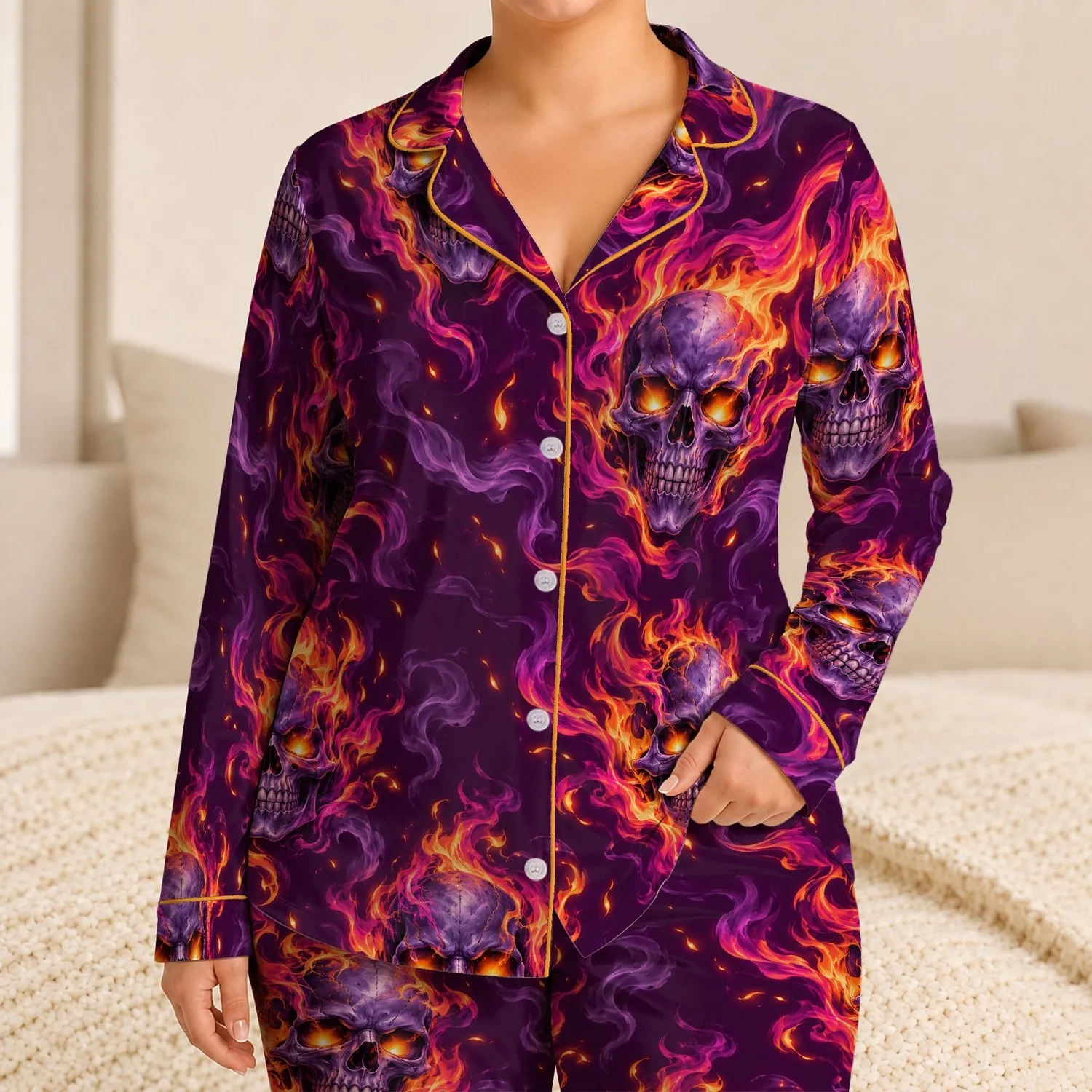 Flaming Gothic Skull Motifs for Spooky Nights and Alternative Lounge Style for Adults Satin Pajamas Set - 1