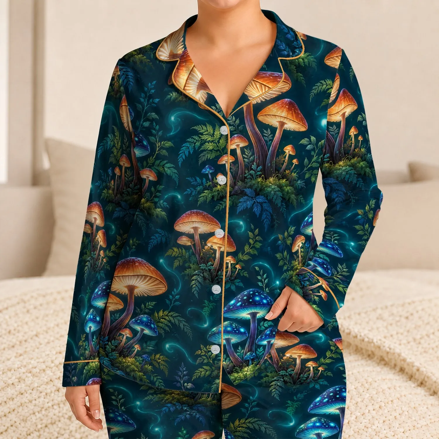 Glowing Mushroom Woodland for Dreamy Summer Nights and Nature Lovers Satin Pajamas Set - 1