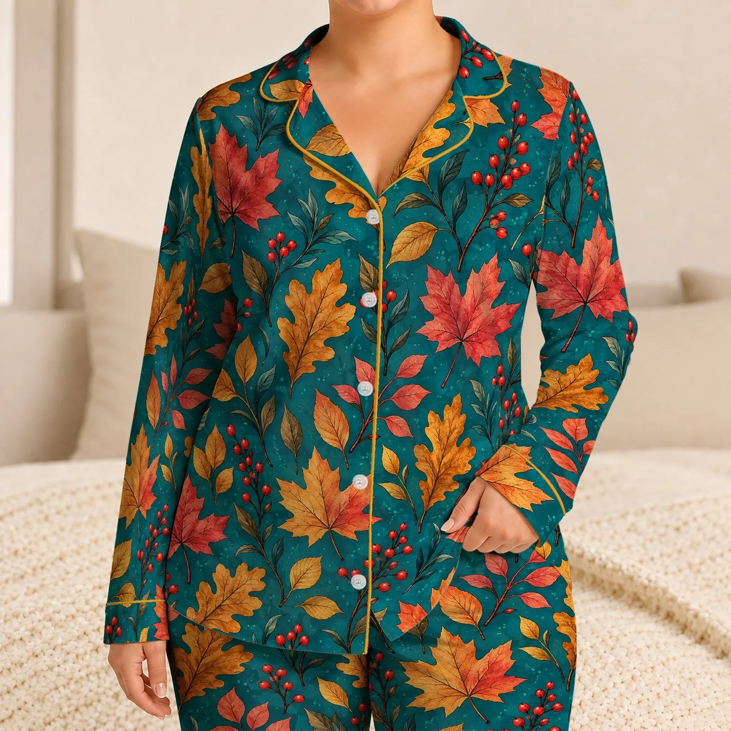 Autumn Leaves and Berry Branches for Cozy Fall Evenings at Home for Nature Lovers Satin Pajamas Set - 1