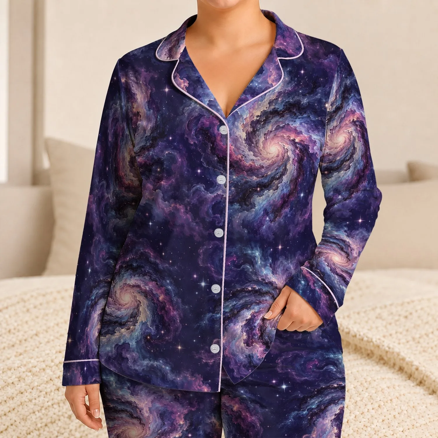 Purple Pink Galaxy Vortex for Dreamy Stargazing Nights and Cosmic Lounge Style Satin Pajamas Set - 1