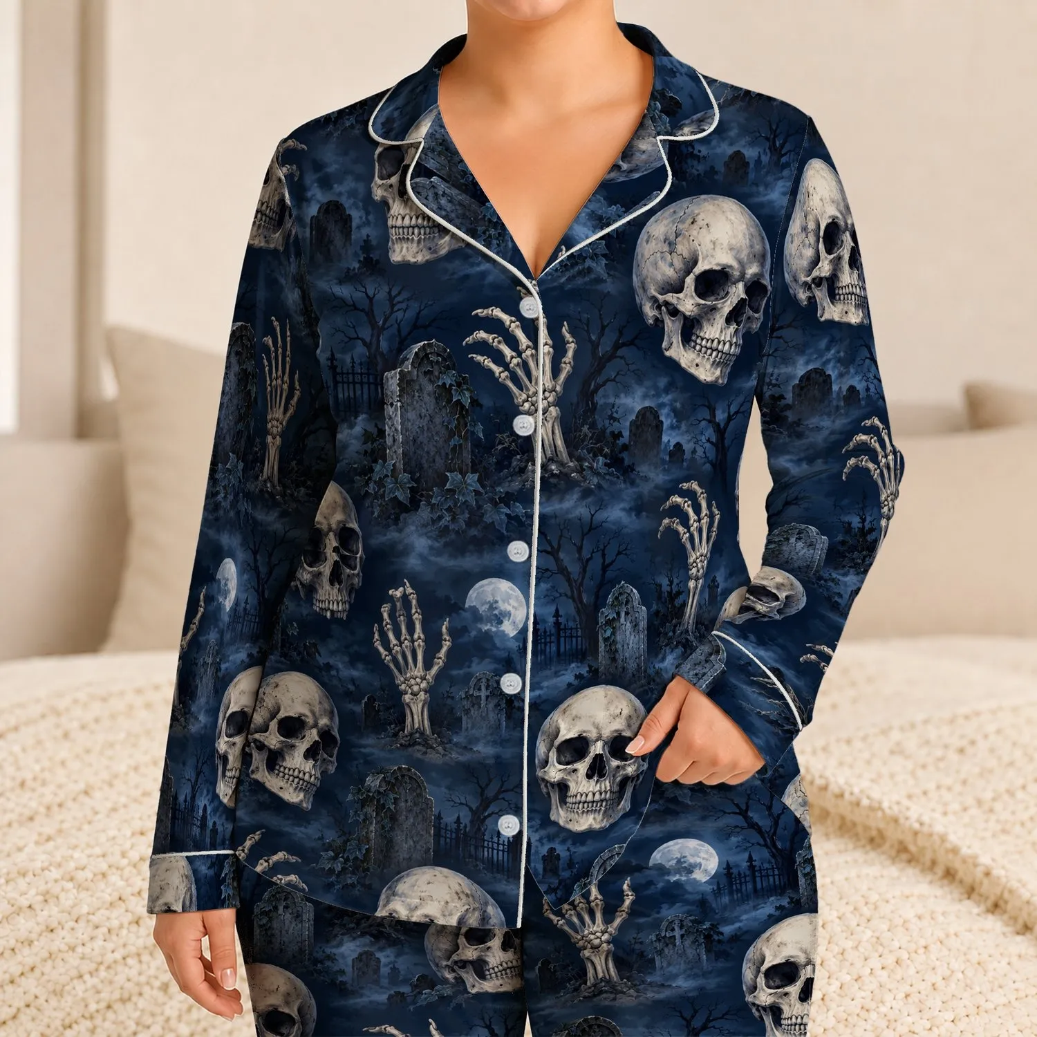 Gothic Skull And Skeletal Hands For Halloween Nighttime Lounge Style For Men Satin Pajamas Set - 1