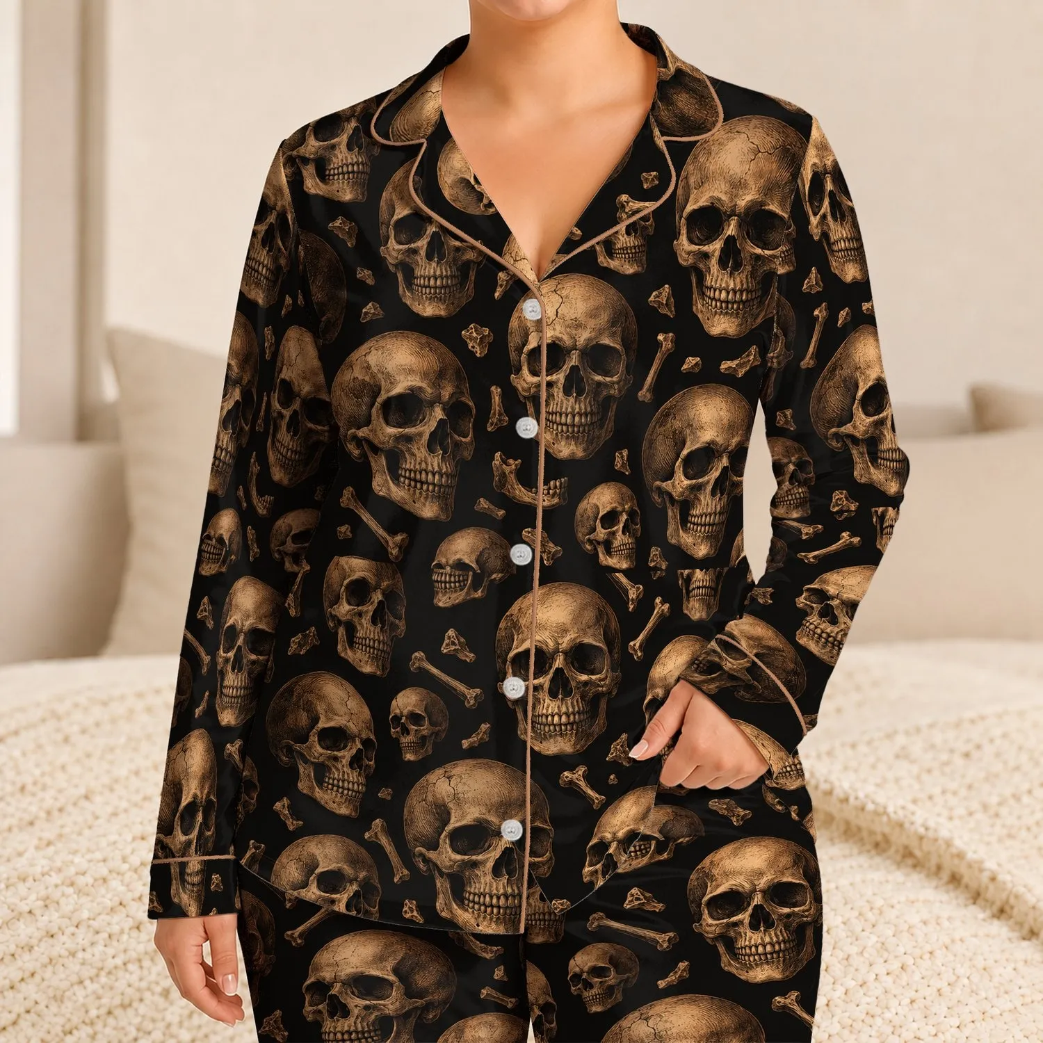Antique Bronze Skull Motifs for Relaxed Evenings and Cozy Weekend Lounge Style at Home Satin Pajamas Set - 1