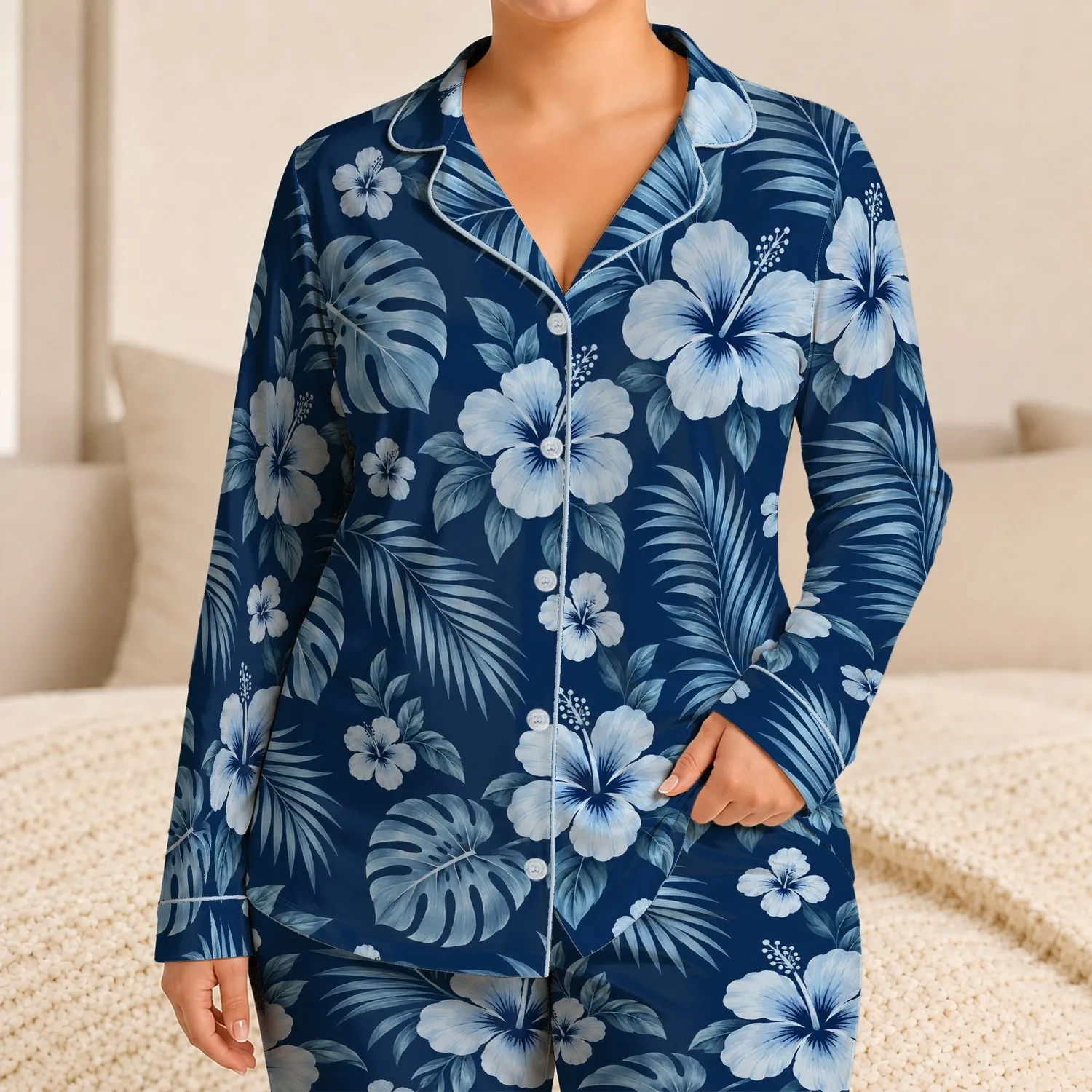 Tropical Hibiscus and Palm Leaves for Relaxed Coastal Summer Lounging by the Sea Satin Pajamas Set - 1