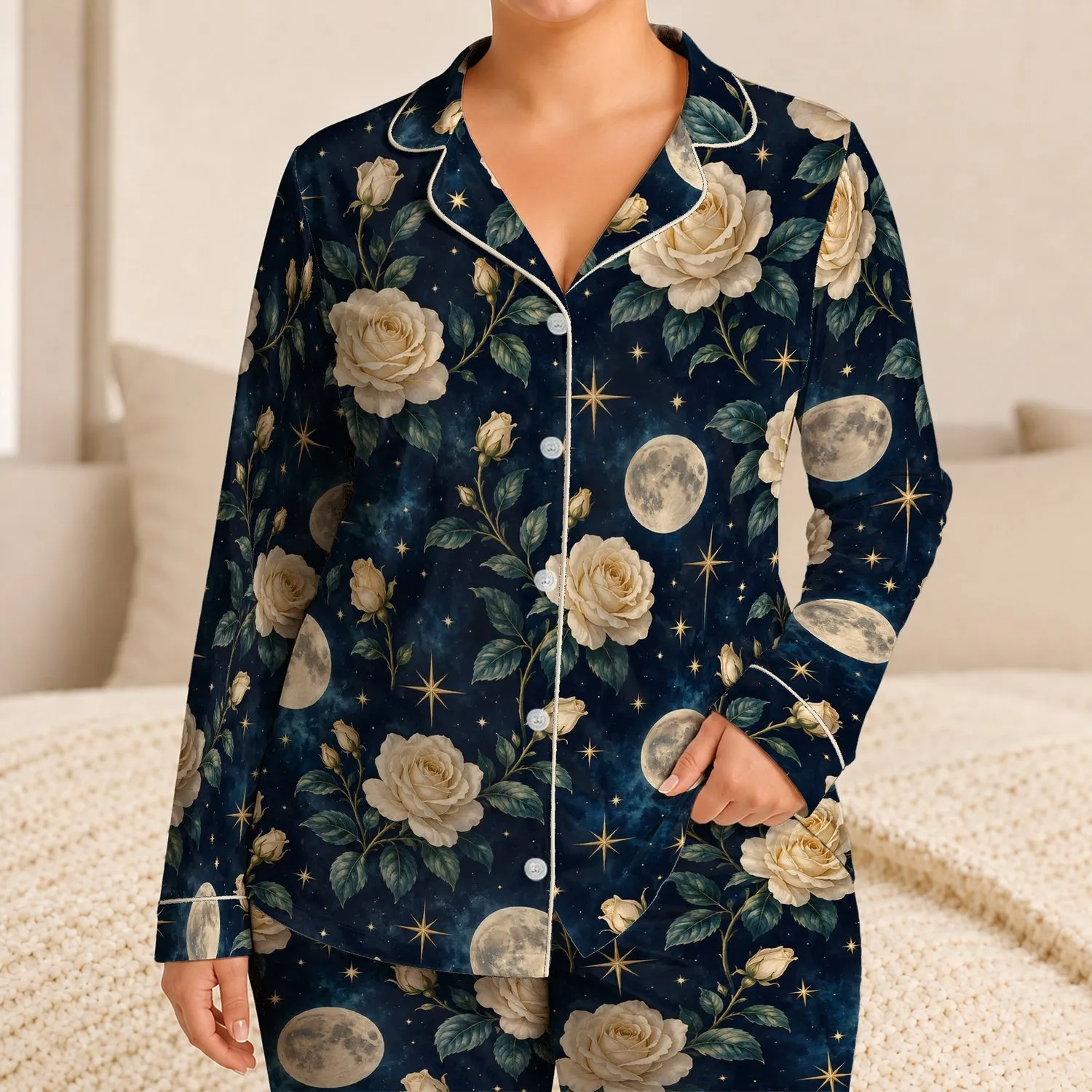 Ivory Roses, Moon And Golden Stars For Cozy Evenings And Relaxing Nights Satin Pajamas Set - 1