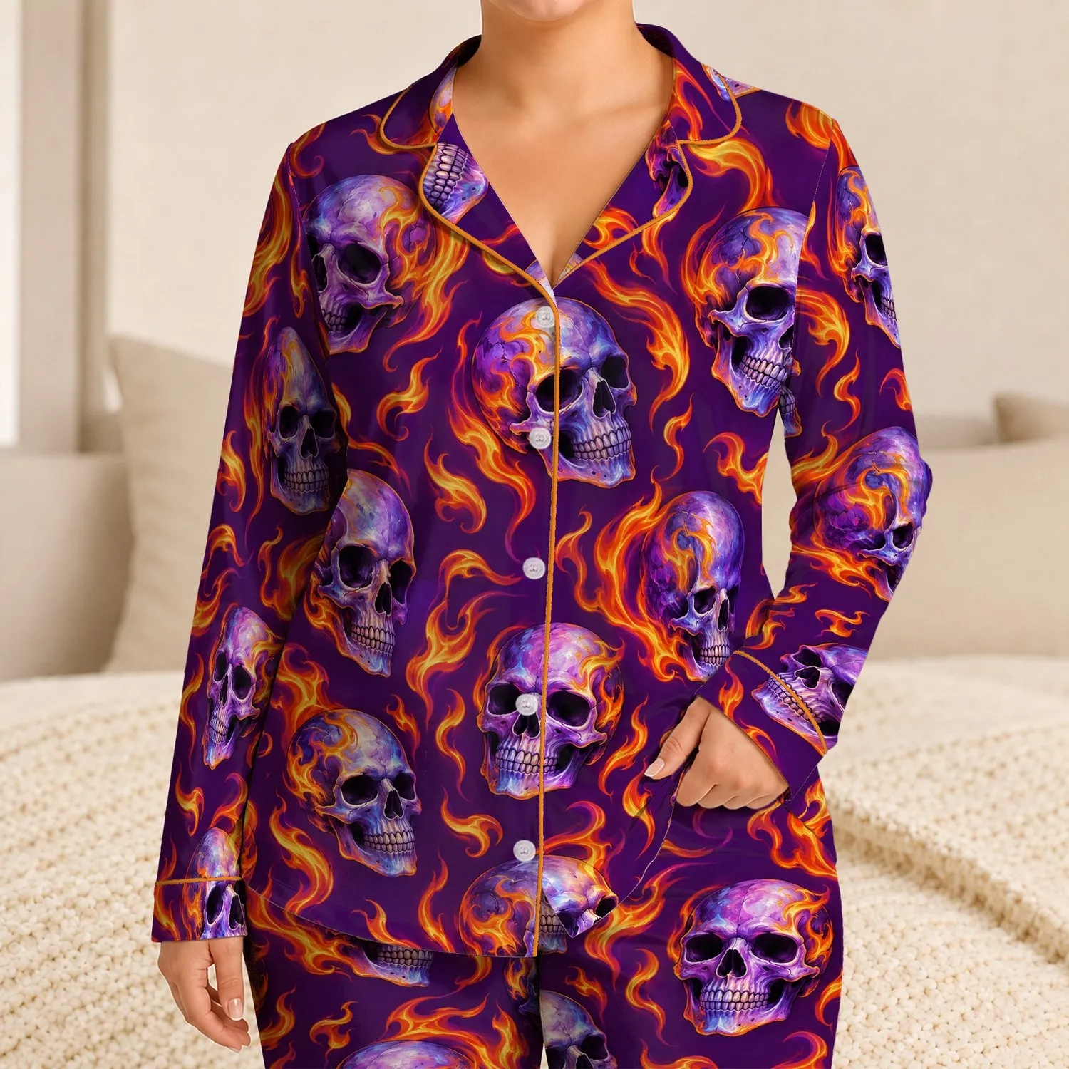 Purple Flaming Skulls for Bold Gothic Nights and Cozy Relaxation Satin Pajamas Set - 1