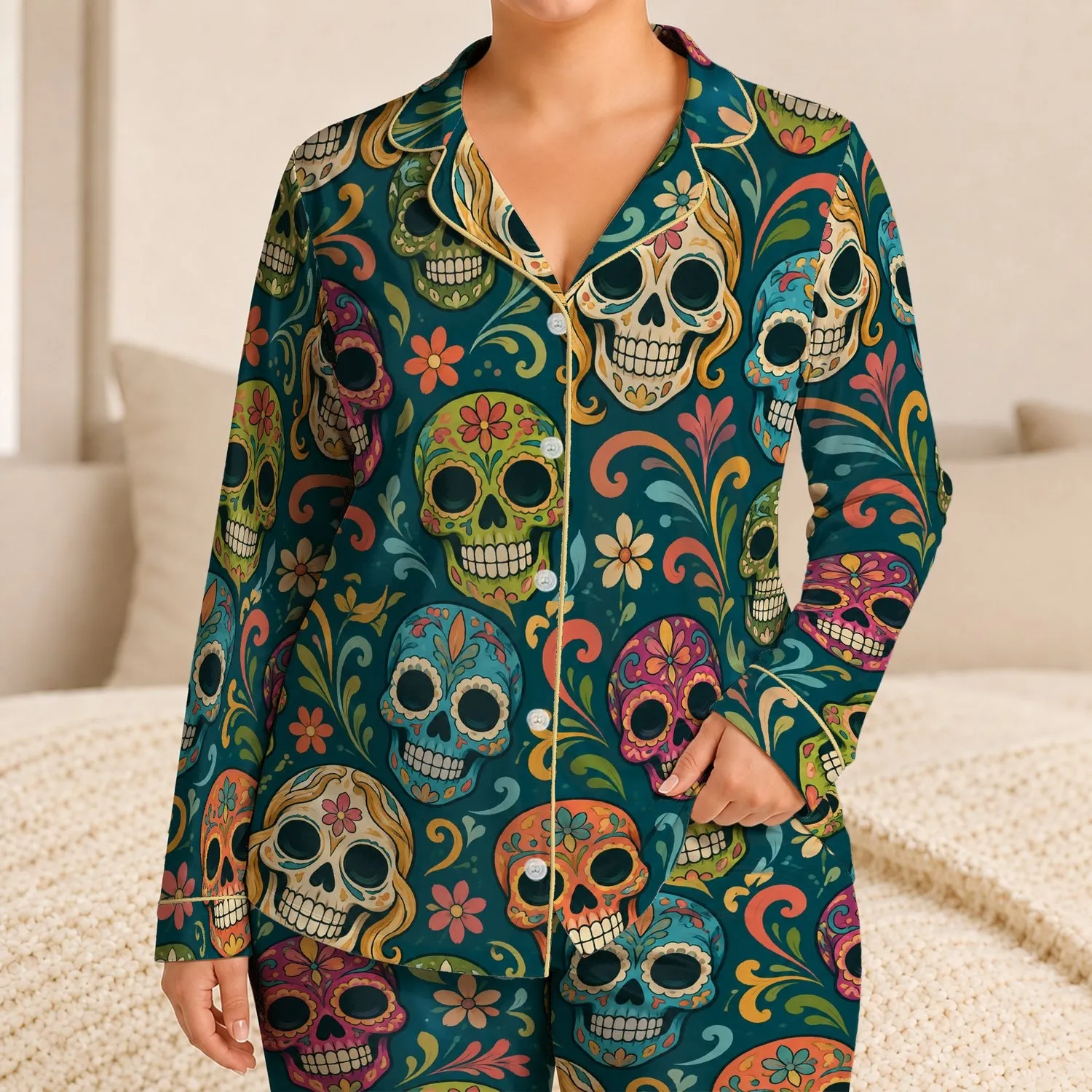 Colorful Sugar Skull Faces for Beach Nights and Relaxed Coastal Weekends for Him Satin Pajamas Set - 1
