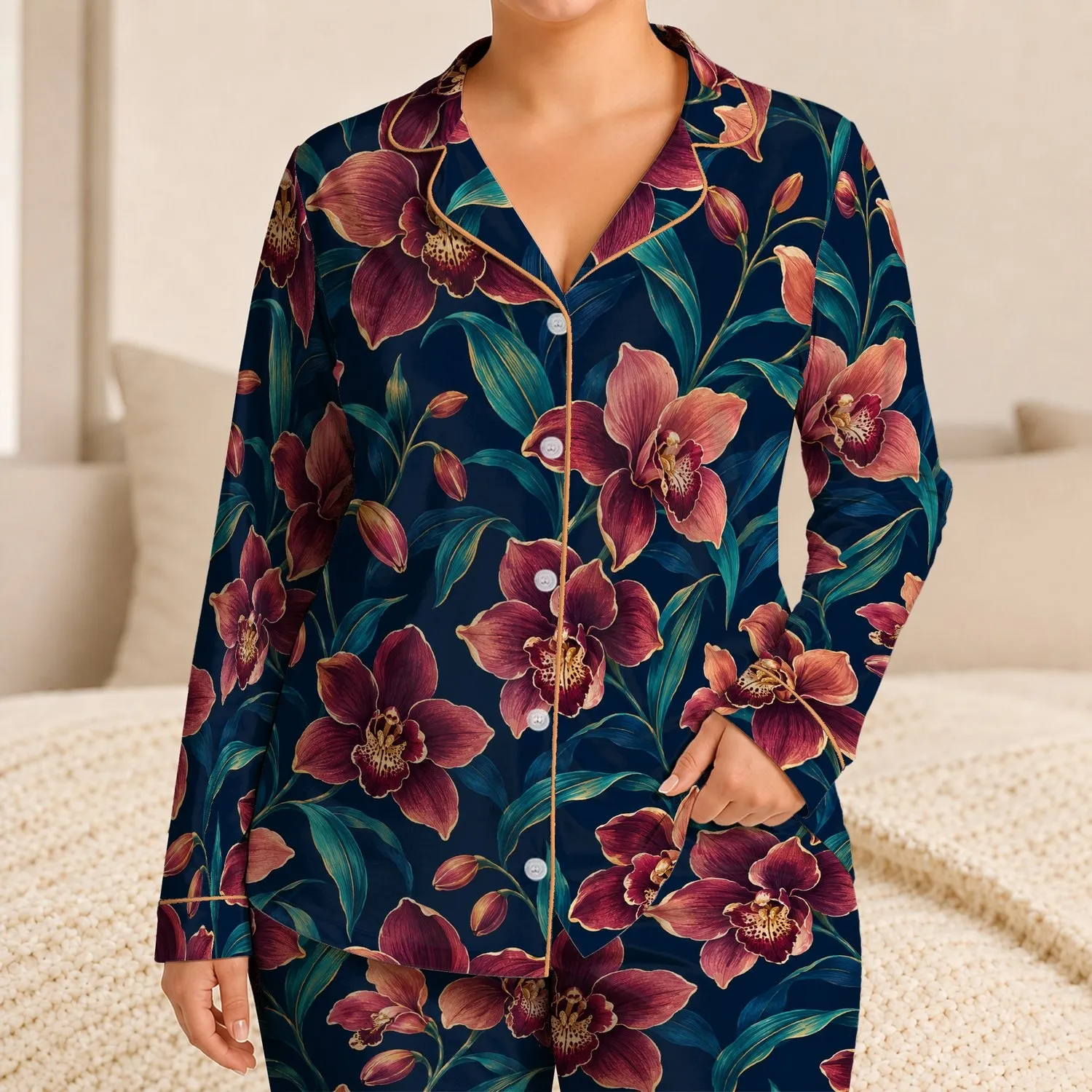 Midnight Orchid Blooms for Relaxed Evening Lounging and Botanical Gift Giving Satin Pajamas Set - 1