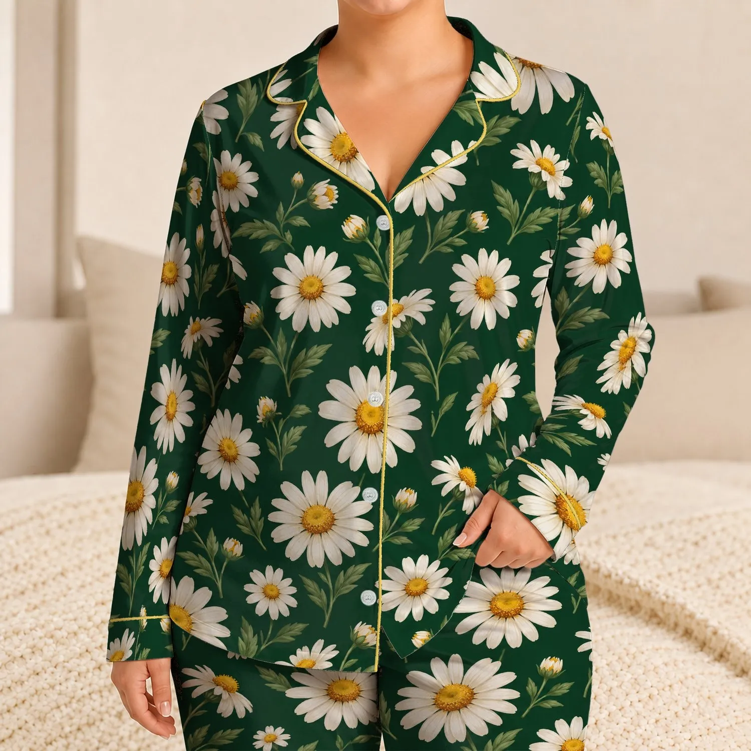 White Daisies And Golden Centers For Cozy Autumn Evenings And Relaxed Lounging Satin Pajamas Set - 1
