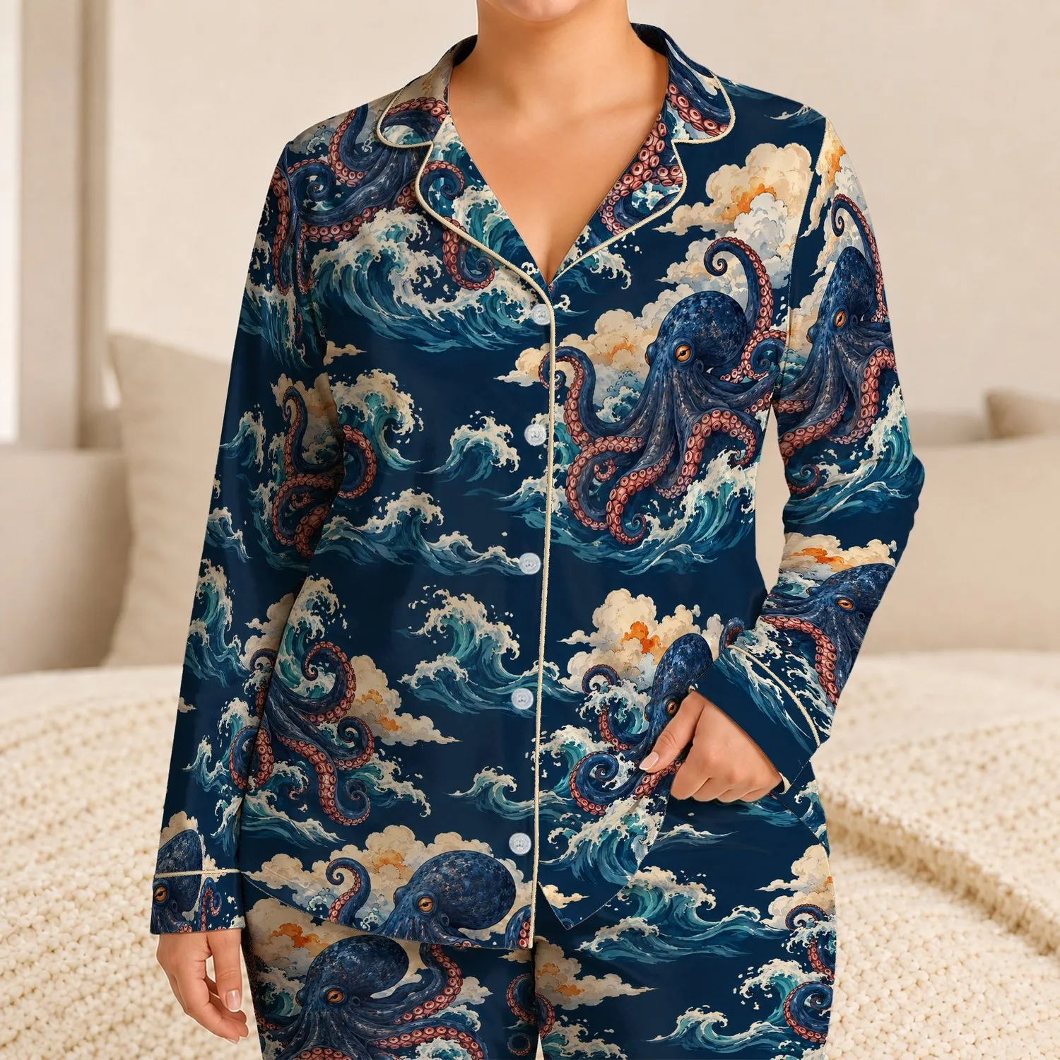 Octopus and Ocean Waves for Cozy Coastal Nights and Relaxed Seaside Living Gifts Satin Pajamas Set - 1