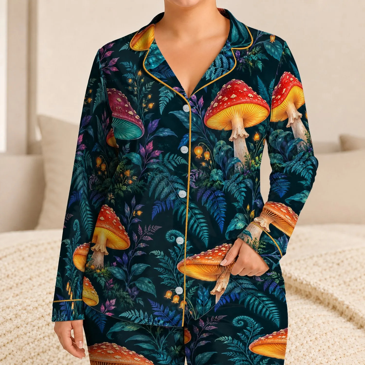 Glowing Woodland Mushrooms for Cozy Forest Nights and Relaxed Couples Satin Pajamas Set - 1