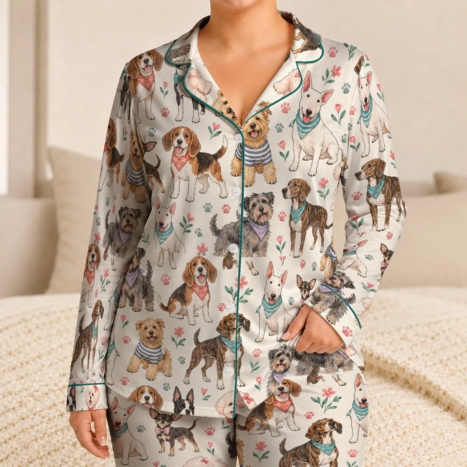 Playful Watercolor Dogs for Cozy Weekends and Cheerful Springtime Lounging at Home Satin Pajamas Set - 1