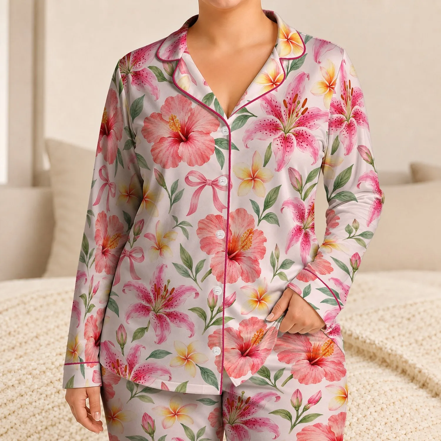 Watercolor Hibiscus And Lily Blooms For Tropical Holiday Lounging And Relaxed Mornings Satin Pajamas Set - 1
