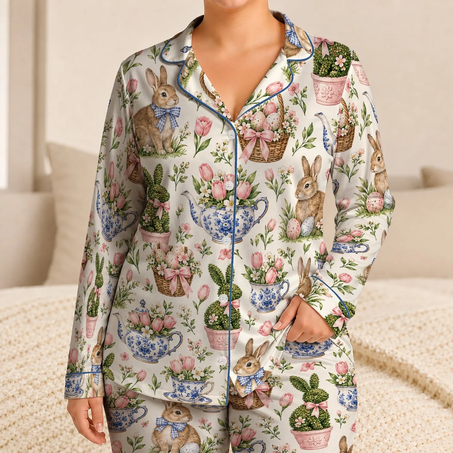 Bunny And Easter Egg Motifs For Cozy Spring Family Celebrations Satin Pajamas Set - 1