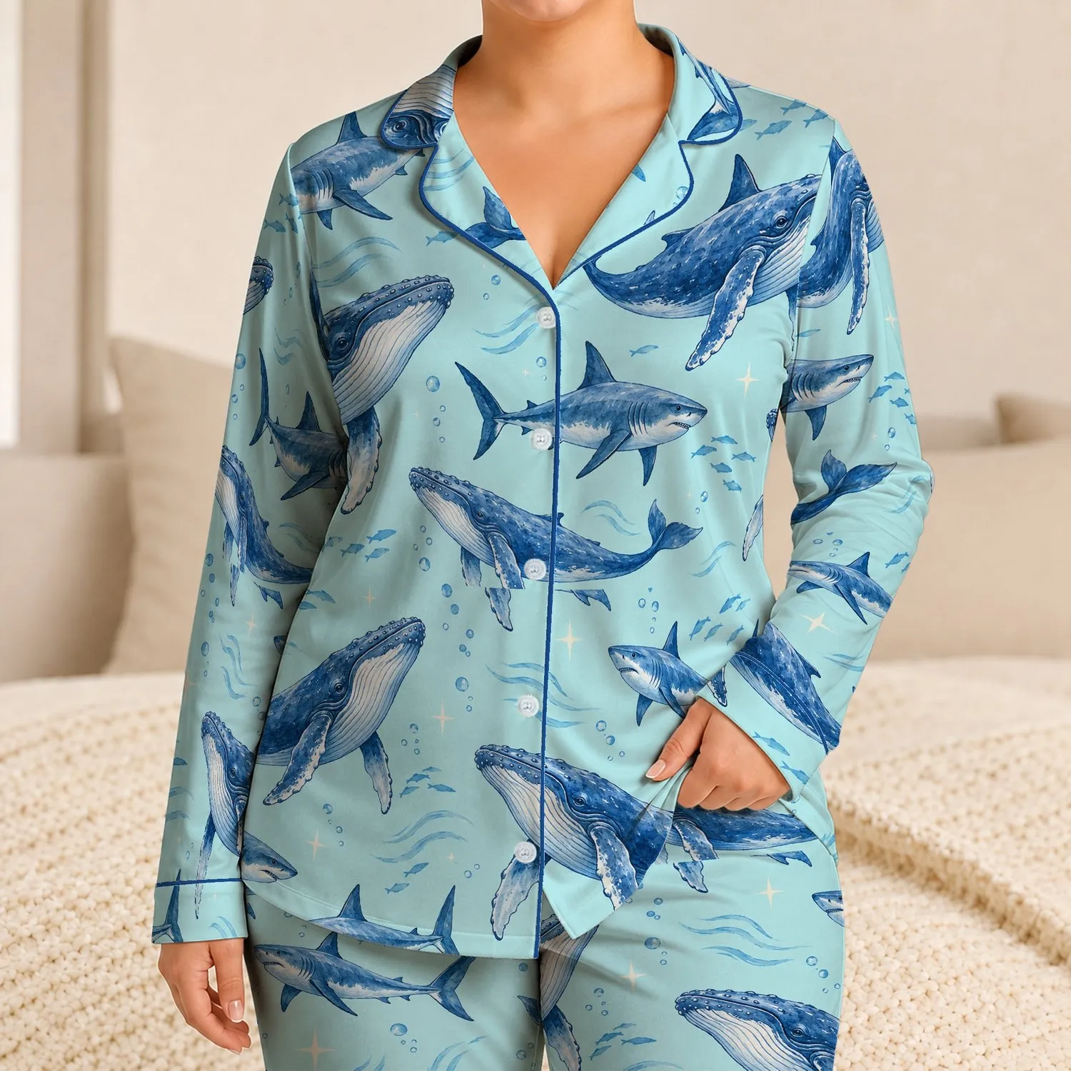 Blue Whale and Shark Ocean Motifs for Coastal Relaxation and Seaside Gifts Satin Pajamas Set - 1