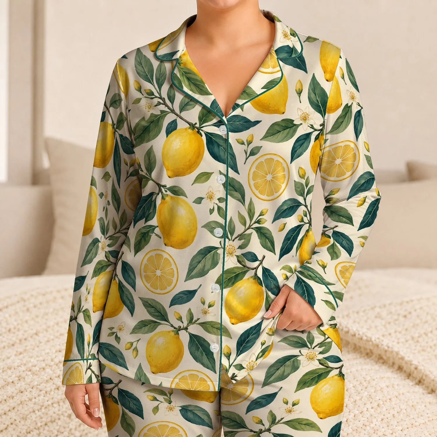Sunny Lemon and Leaf Motifs for Relaxed Summer Lounging and Fresh Everyday Gifting Satin Pajamas Set - 1