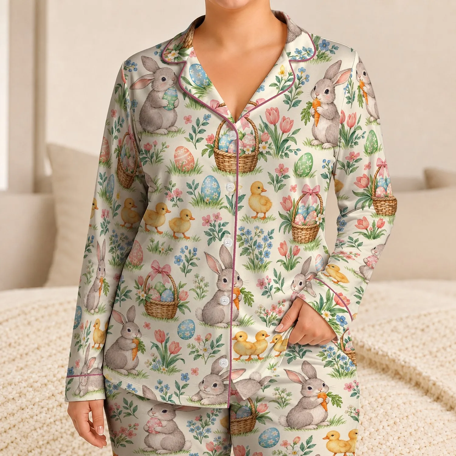 Easter Bunny and Duckling Scenes for Cheerful Springtime Holiday Lounging at Home Satin Pajamas Set - 1
