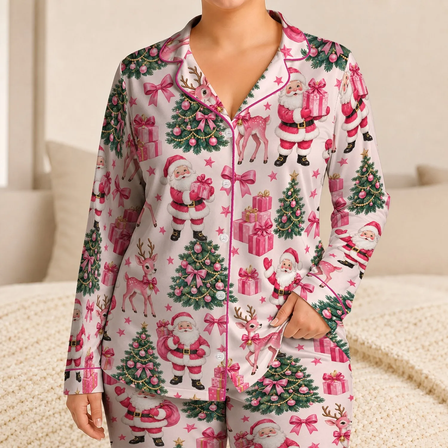 Pink Santa, Reindeer And Gifts For Cheerful Christmas Mornings And Cozy Holiday Gifting Satin Pajamas Set - 1
