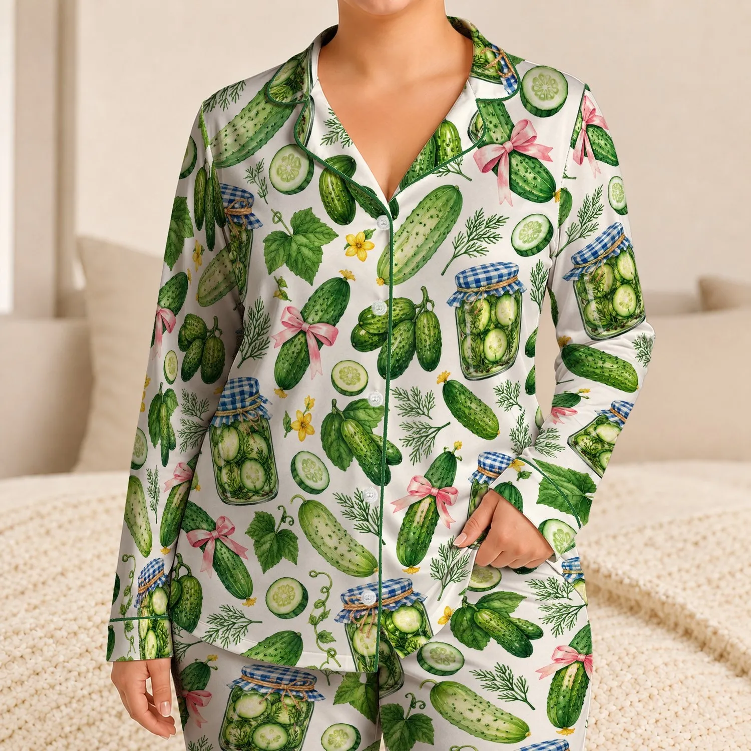 Cucumber And Pickle Jar Print For Cozy Lounging And Sleepovers Satin Pajamas Set - 1