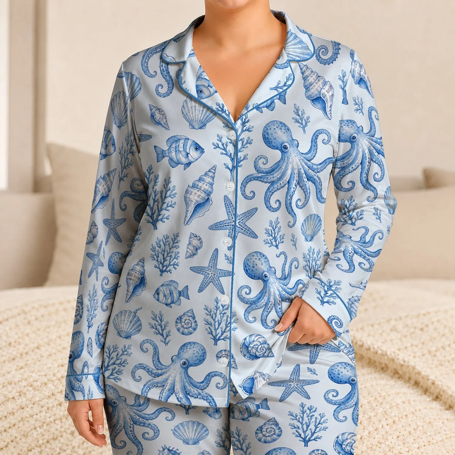 Blue Ocean Creatures for Coastal Getaways and Relaxed Evenings by the Sea for Her Satin Pajamas Set - 1