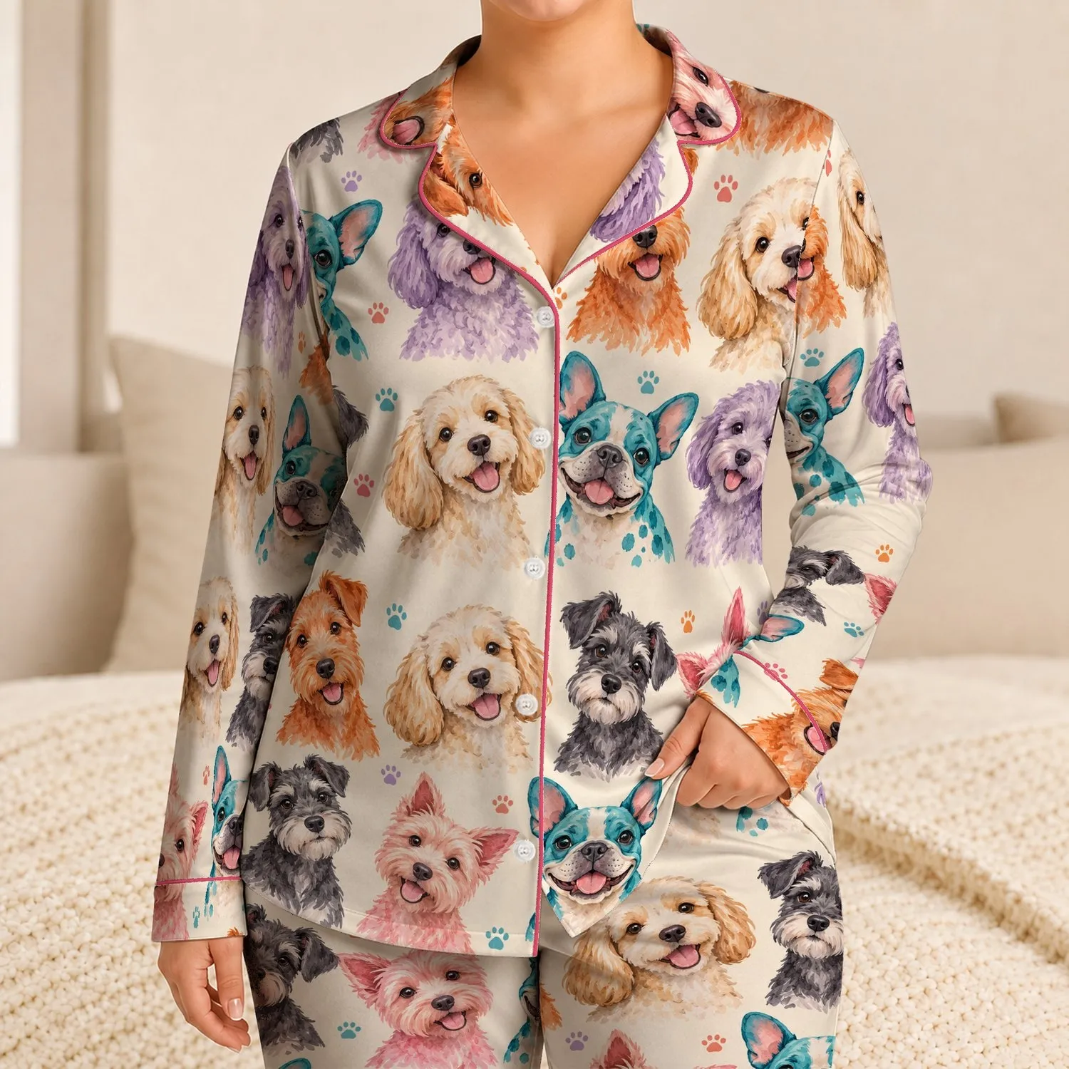 Colorful Puppy Faces for Cozy Spring Mornings and Relaxed Lounging Satin Pajamas Set - 1