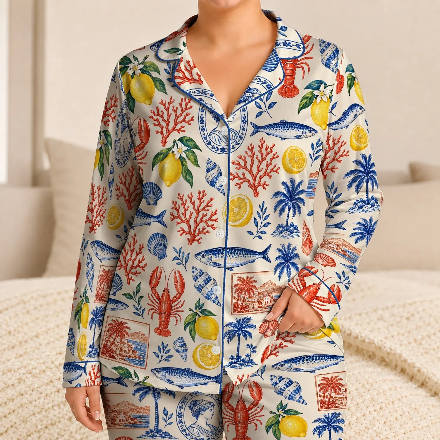 Mediterranean Citrus, Lobster and Sardine Motifs for Relaxed Coastal Summer Getaways Satin Pajamas Set - 1