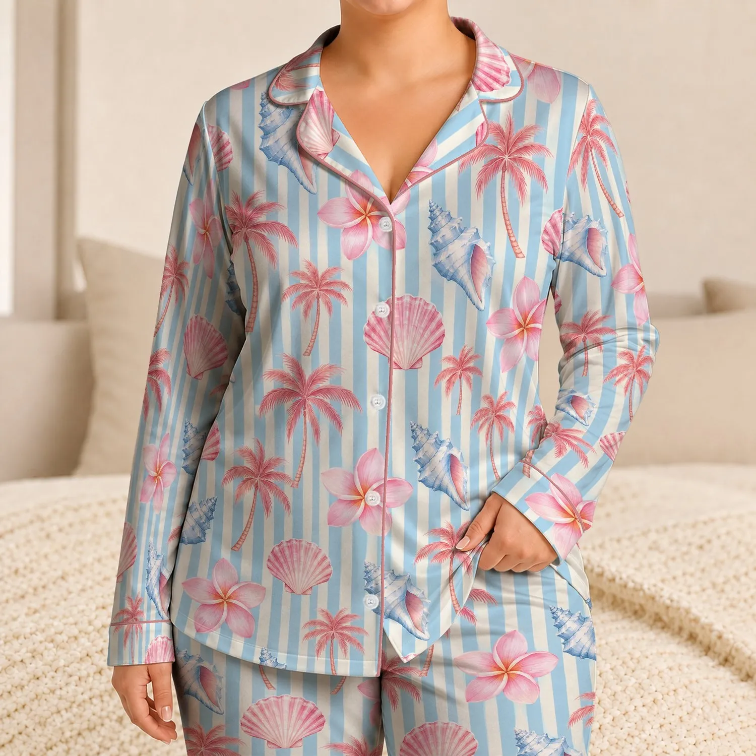 Blue White Coastal Stripes With Seashells, Plumeria, Coral Palms For Holiday Lounging Satin Pajamas Set - 1