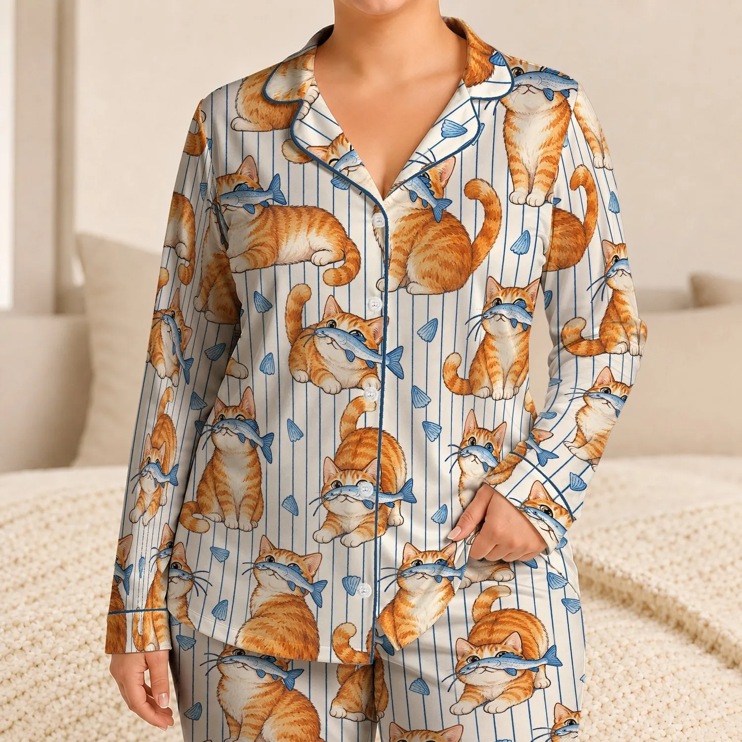 Playful Orange Cats with Blue Catfish for Cozy Home Evenings and Holiday Lounging Satin Pajamas Set - 1